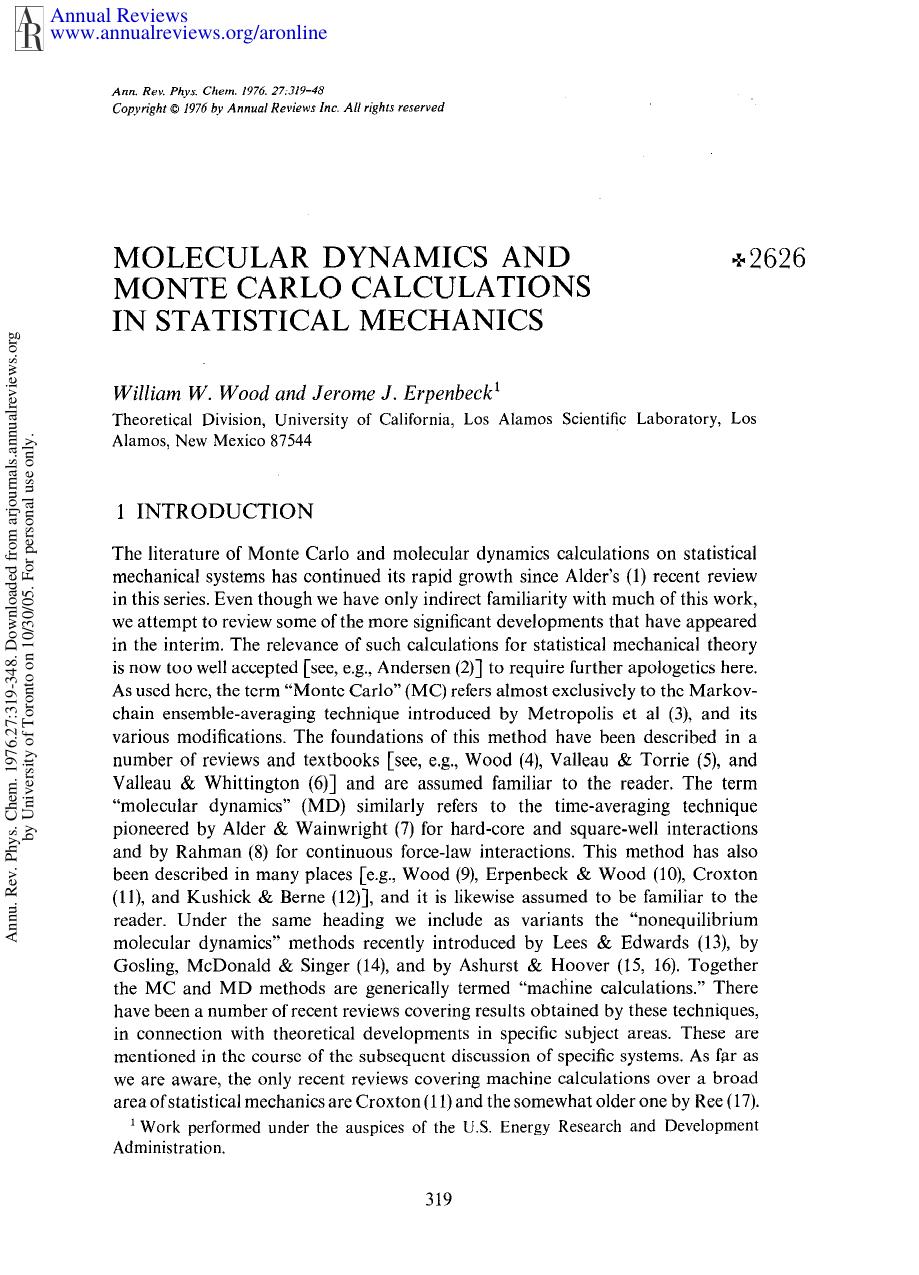 Molecular Dynamics and Monte Carlo Calculations in Statistical Mechanics by W W Wood & J J Erpenbeck
