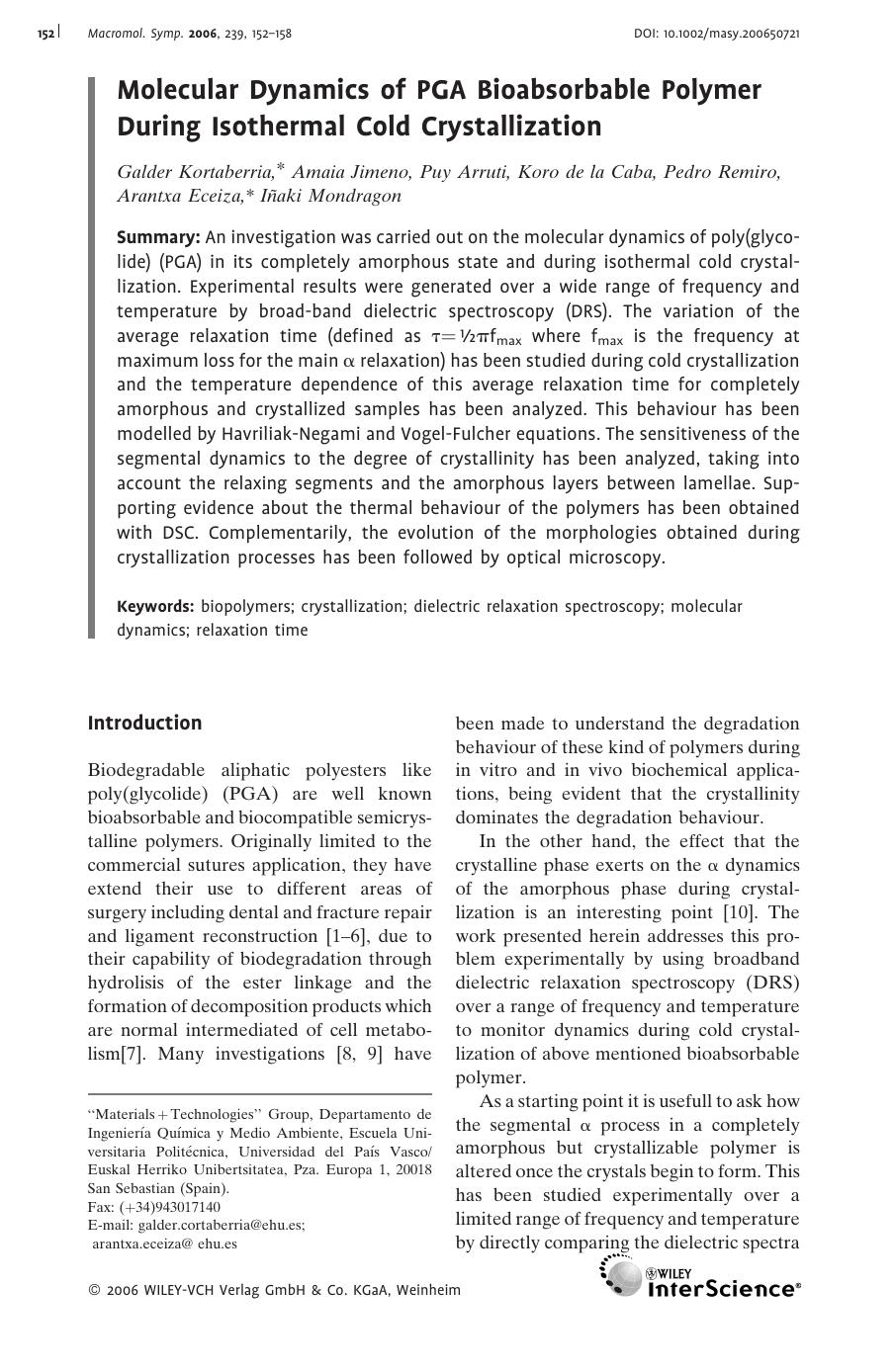 Molecular Dynamics of PGA Bioabsorbable Polymer During Isothermal Cold Crystallization by Unknown