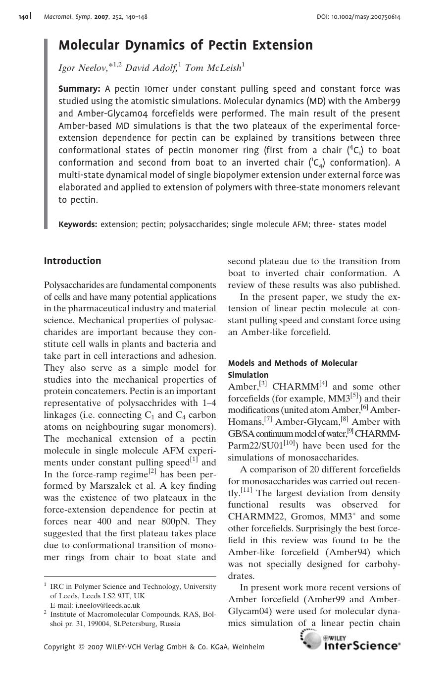 Molecular Dynamics of Pectin Extension by Unknown