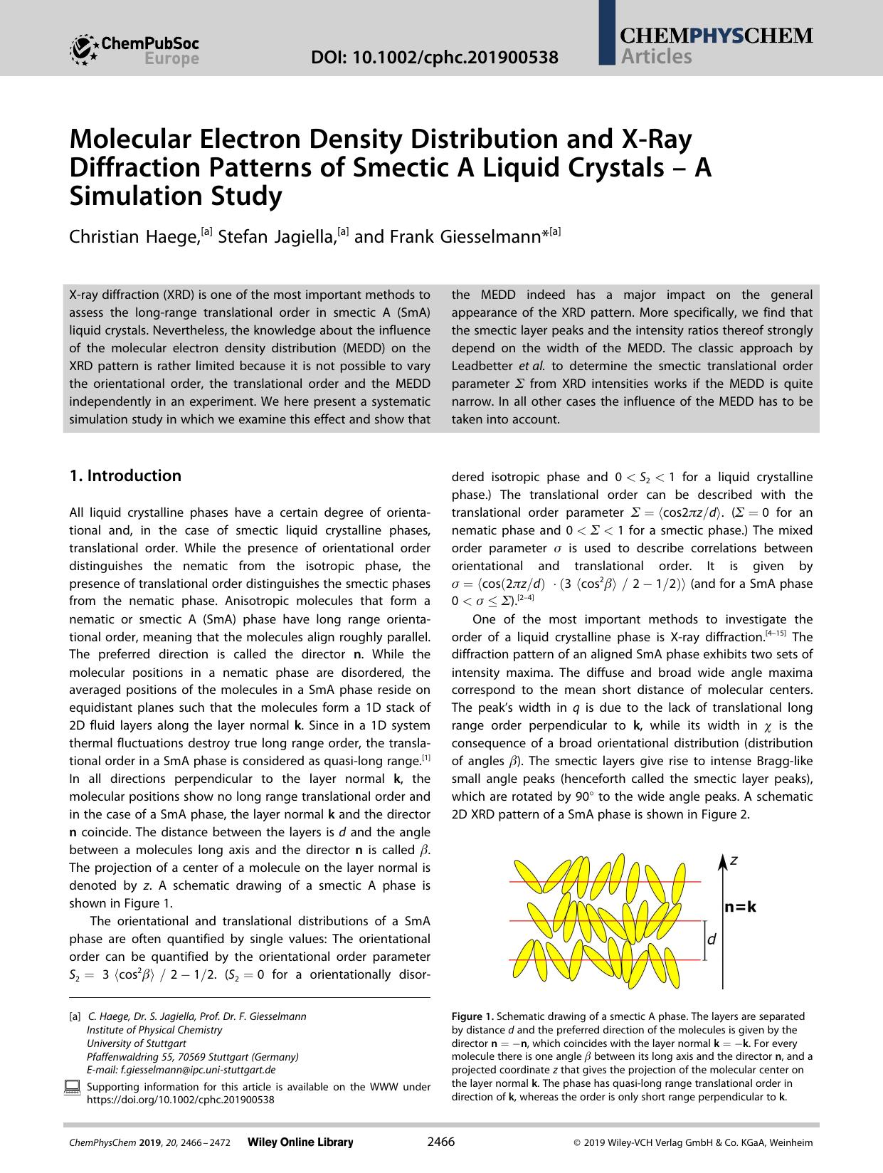 Molecular Electron Density Distribution and XâRay Diffraction Patterns of Smectic A Liquid Crystals â A Simulation Study by Unknown