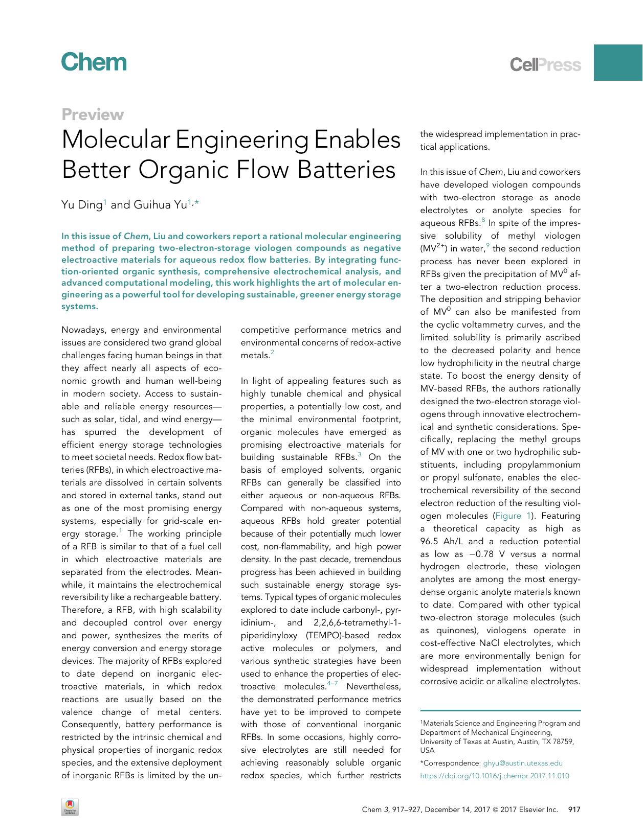 Molecular Engineering Enables Better Organic Flow Batteries by Yu Ding & Guihua Yu