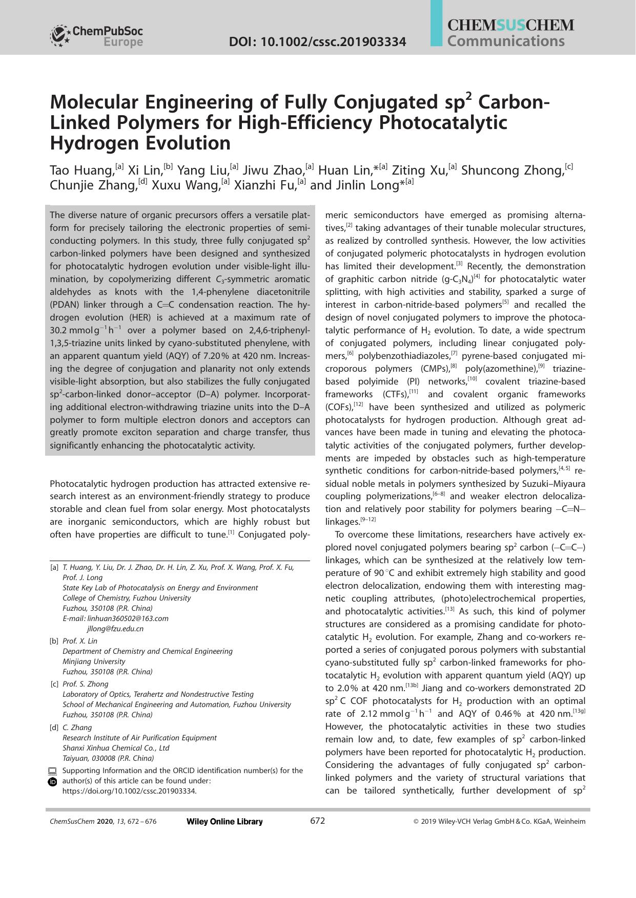 Molecular Engineering of Fully Conjugated sp2 CarbonâLinked Polymers for HighâEfficiency Photocatalytic Hydrogen Evolution by Unknown