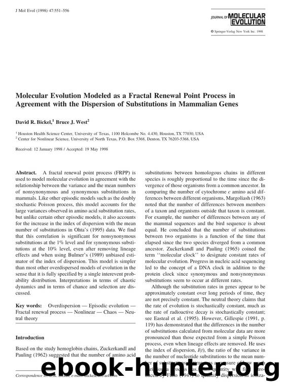 Molecular Evolution Modeled as a Fractal Renewal Point Process in Agreement with the Dispersion of Substitutions in Mammalian Genes by Bickel D. et al