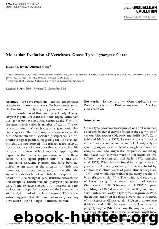 Molecular Evolution of Vertebrate Goose-Type Lysozyme Genes by Irwin D.M. et al