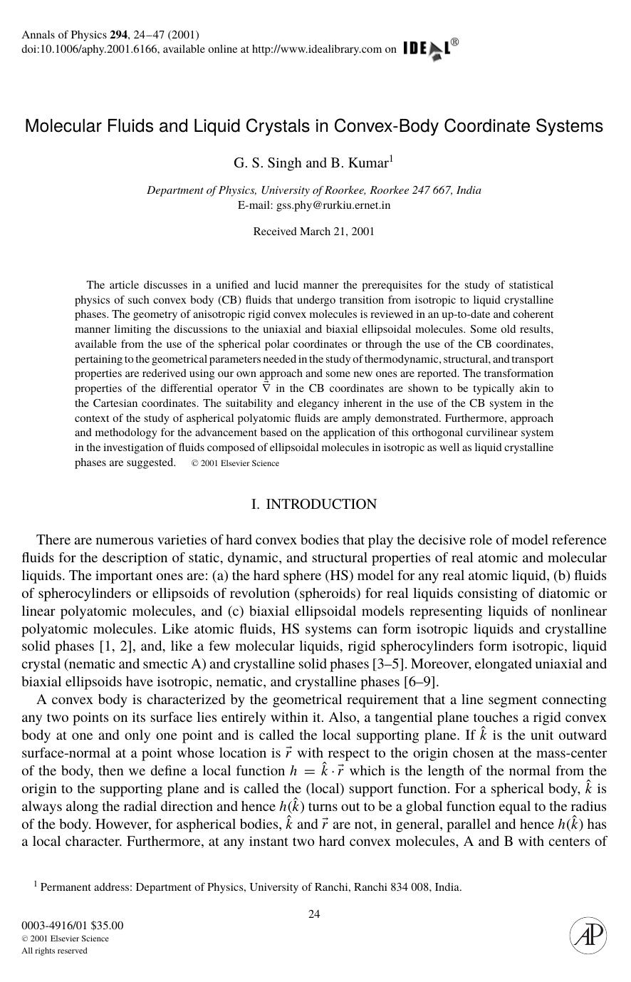 Molecular Fluids and Liquid Crystals in Convex-Body Coordinate Systems by Singh G. S. et al
