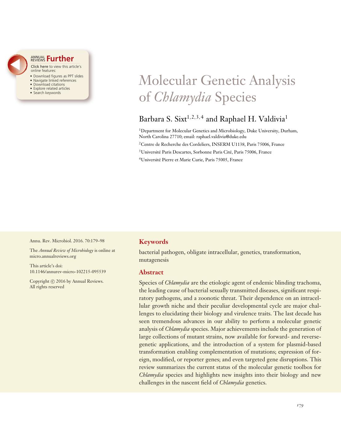 Molecular Genetic Analysis of Chlamydia Species by Barbara S. Sixt and Raphael H. Valdivia