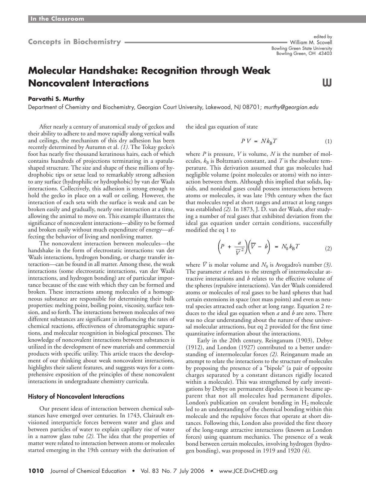 Molecular Handshake: Recognition through Weak Noncovalent Interactions by Parvathi S. Murthy