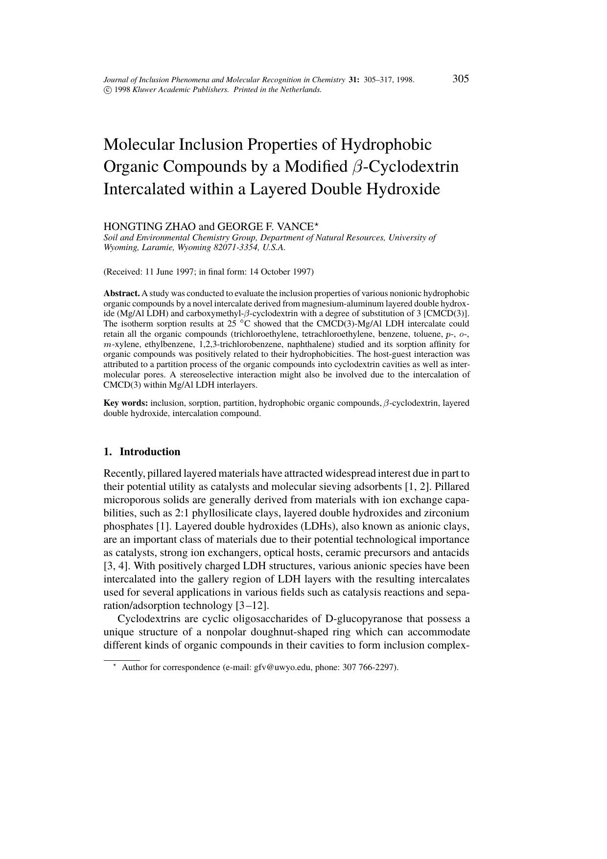 Molecular Inclusion Properties of Hydrophobic Organic Compounds by a Modified &#x03B2;-Cyclodextrin Intercalated within a Layered Double Hydroxide by Unknown