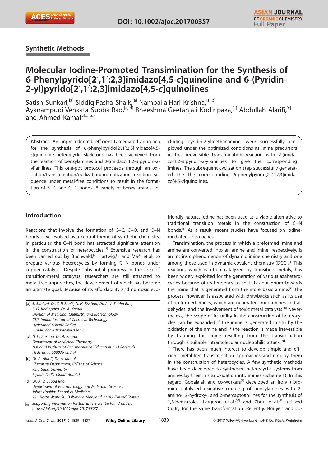 Molecular IodineâPromoted Transimination for the Synthesis of 6âPhenylpyrido[2â²,1â²:2,3]imidazo[4,5âc]quinoline and 6â(Pyridinâ2âyl)pyrido[2â²,1â²:2,3]imidazo[4,5âc]quinolines by Unknown