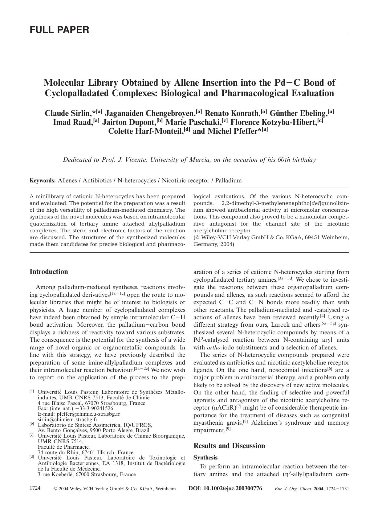 Molecular Library Obtained by Allene Insertion into the Pd-C Bond of Cyclopalladated Complexes: Biological and Pharmacological Evaluation by Unknown