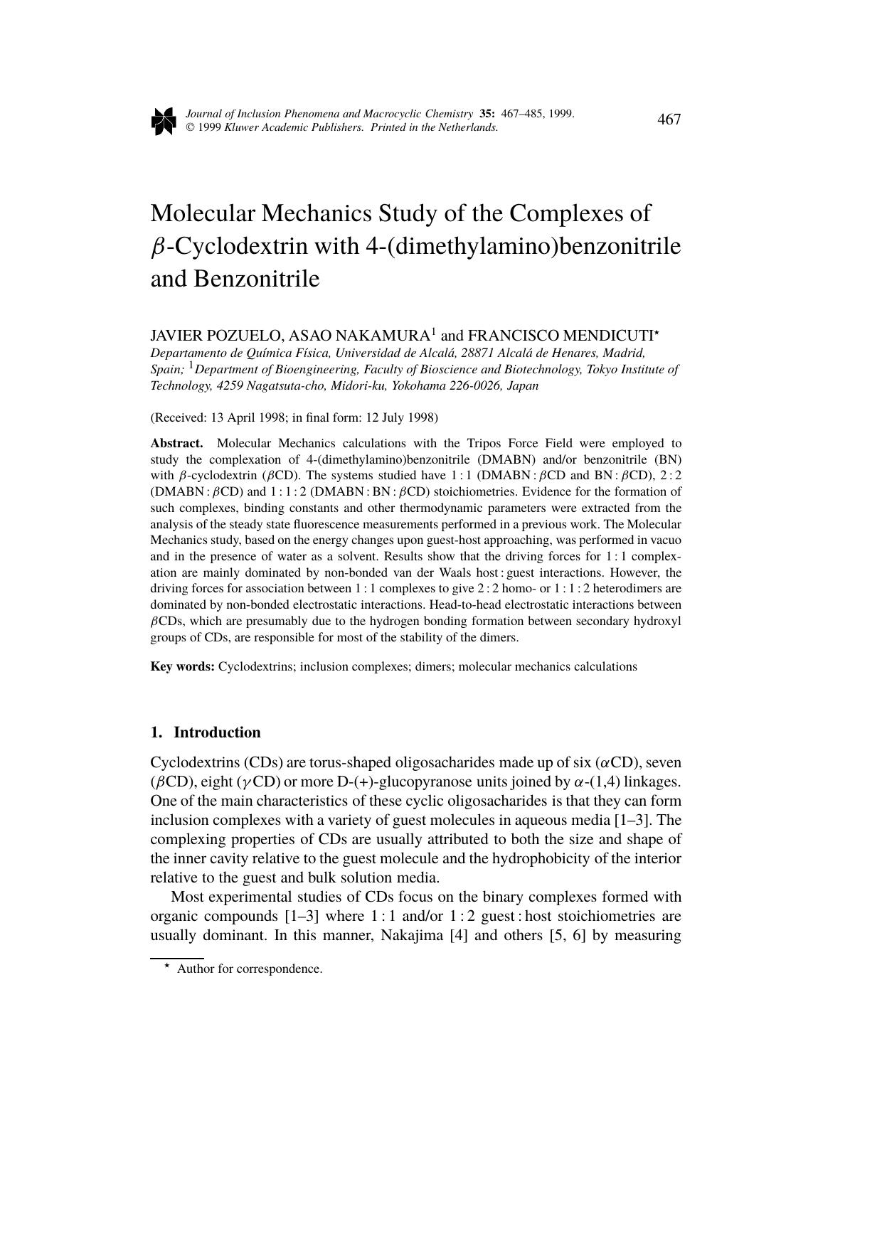 Molecular Mechanics Study of the Complexes of β-Cyclodextrin with 4-(dimethylamino)benzonitrile and Benzonitrile by Unknown
