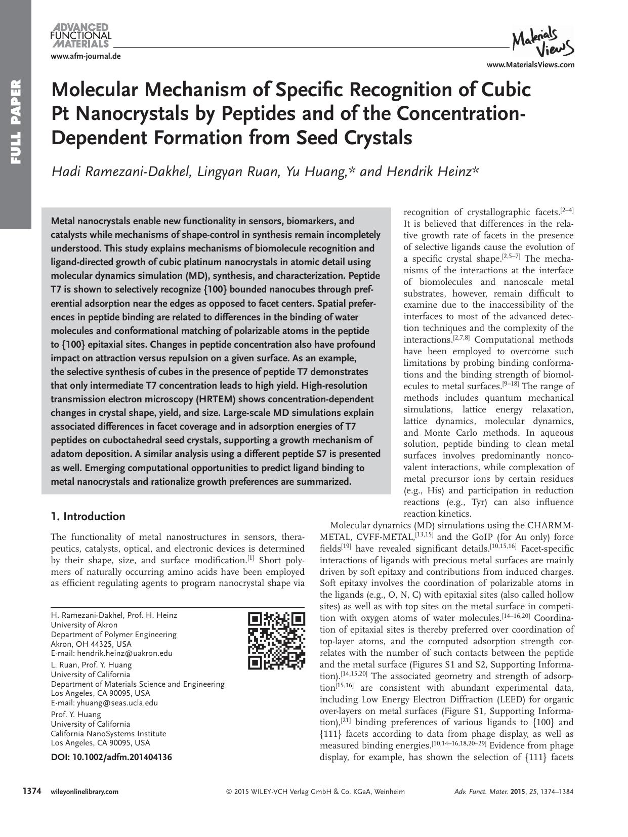 Molecular Mechanism of Specific Recognition of Cubic Pt Nanocrystals by Peptides and of the Concentration&#x26;#x02010;Dependent Formation from Seed Crystals by Unknown