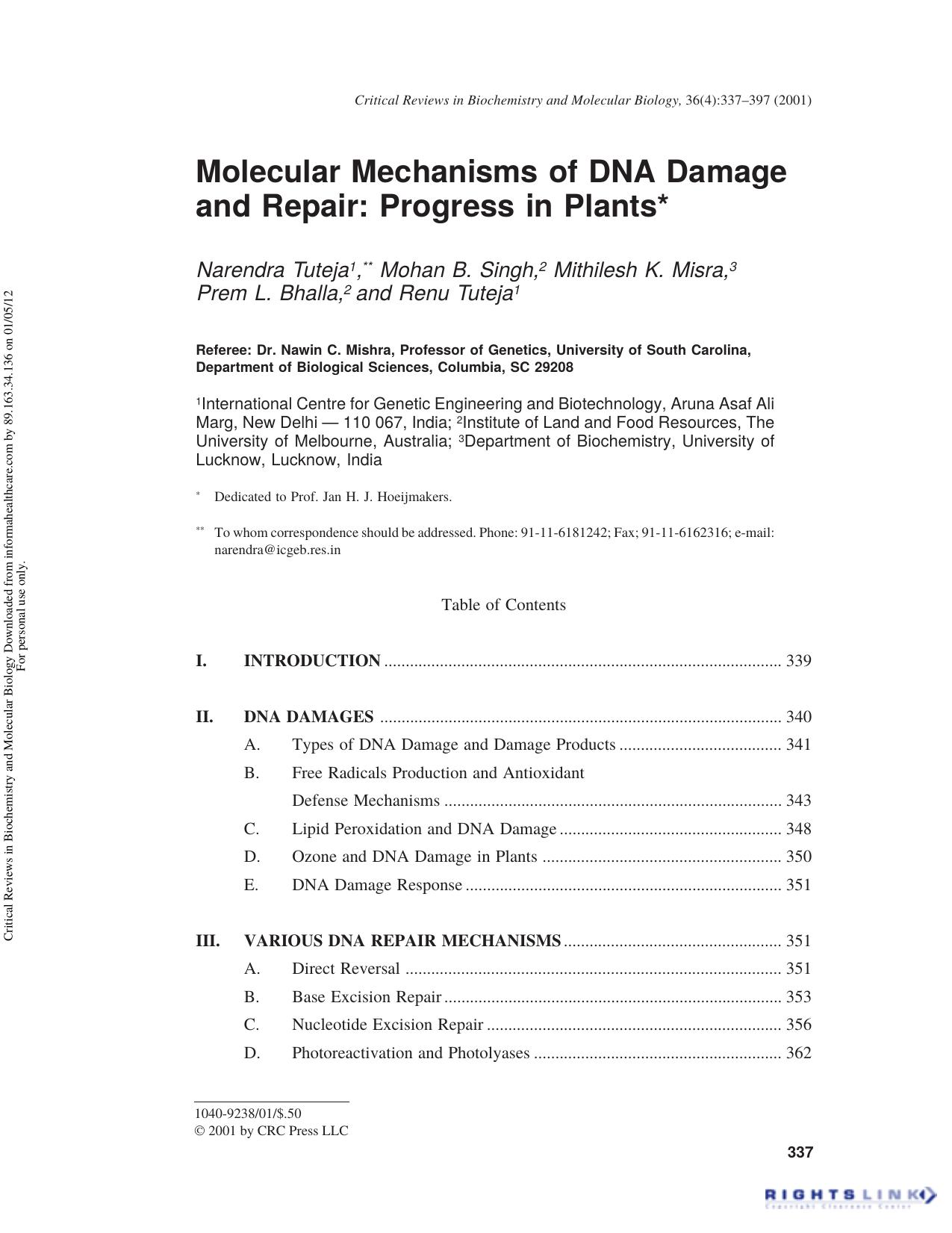 Molecular Mechanisms of DNA Damage and Repair: Progress in Plants by Narendra Tuteja Mohan B. Singh Mithilesh K. Misra Prem L. Bhalla & Renu Tuteja