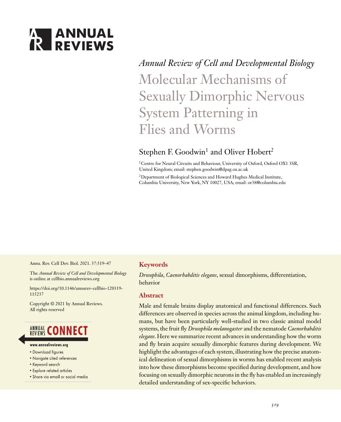 Molecular Mechanisms of Sexually Dimorphic Nervous System Patterning in Flies and Worms by Stephen F. Goodwin and Oliver Hobert