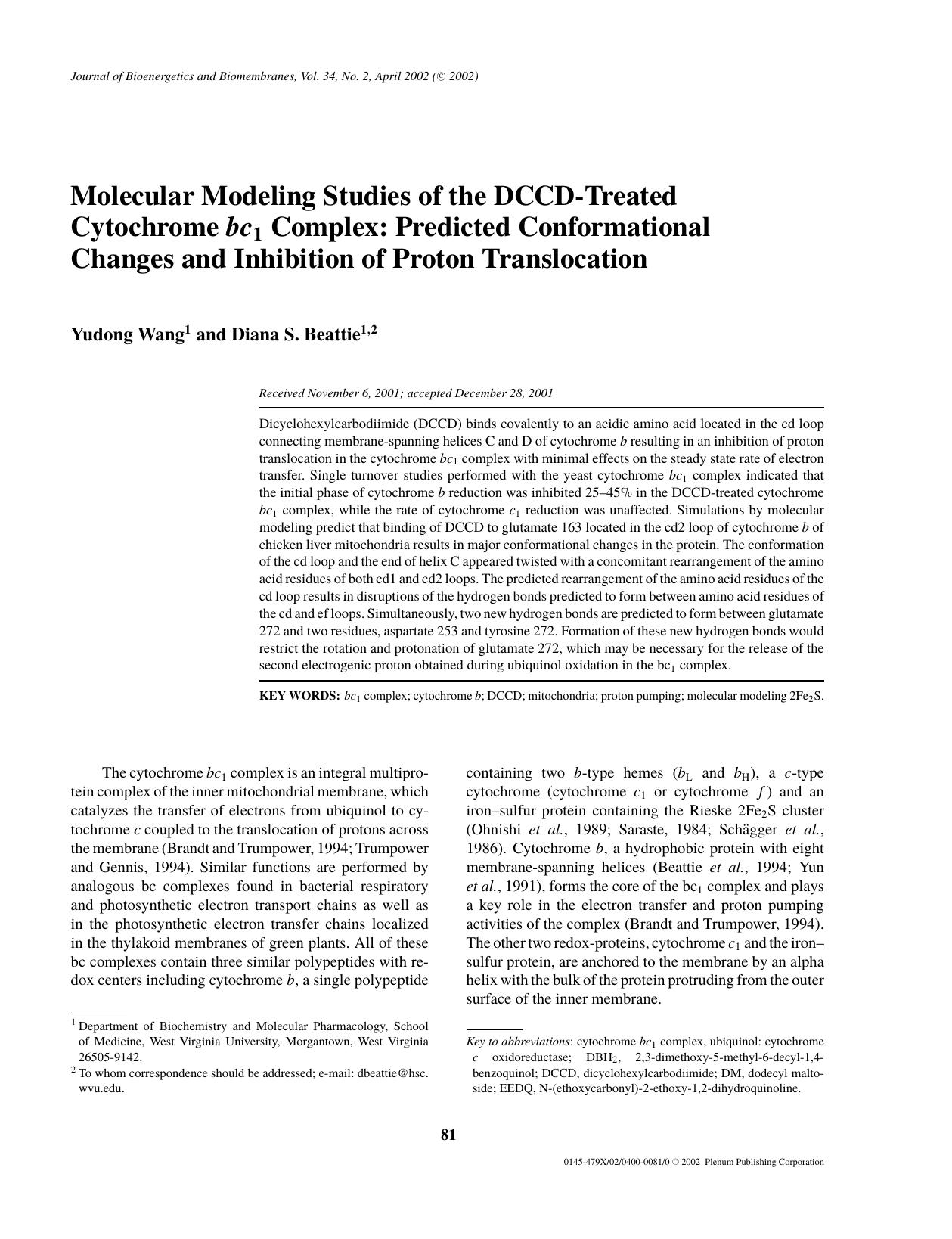 Molecular Modeling Studies of the DCCD-Treated Cytochrome <Emphasis Type="Italic">bc<Emphasis> <Subscript>1<Subscript> Complex: Predicted Conformational Changes and Inhibition of Proton Translocation by Unknown