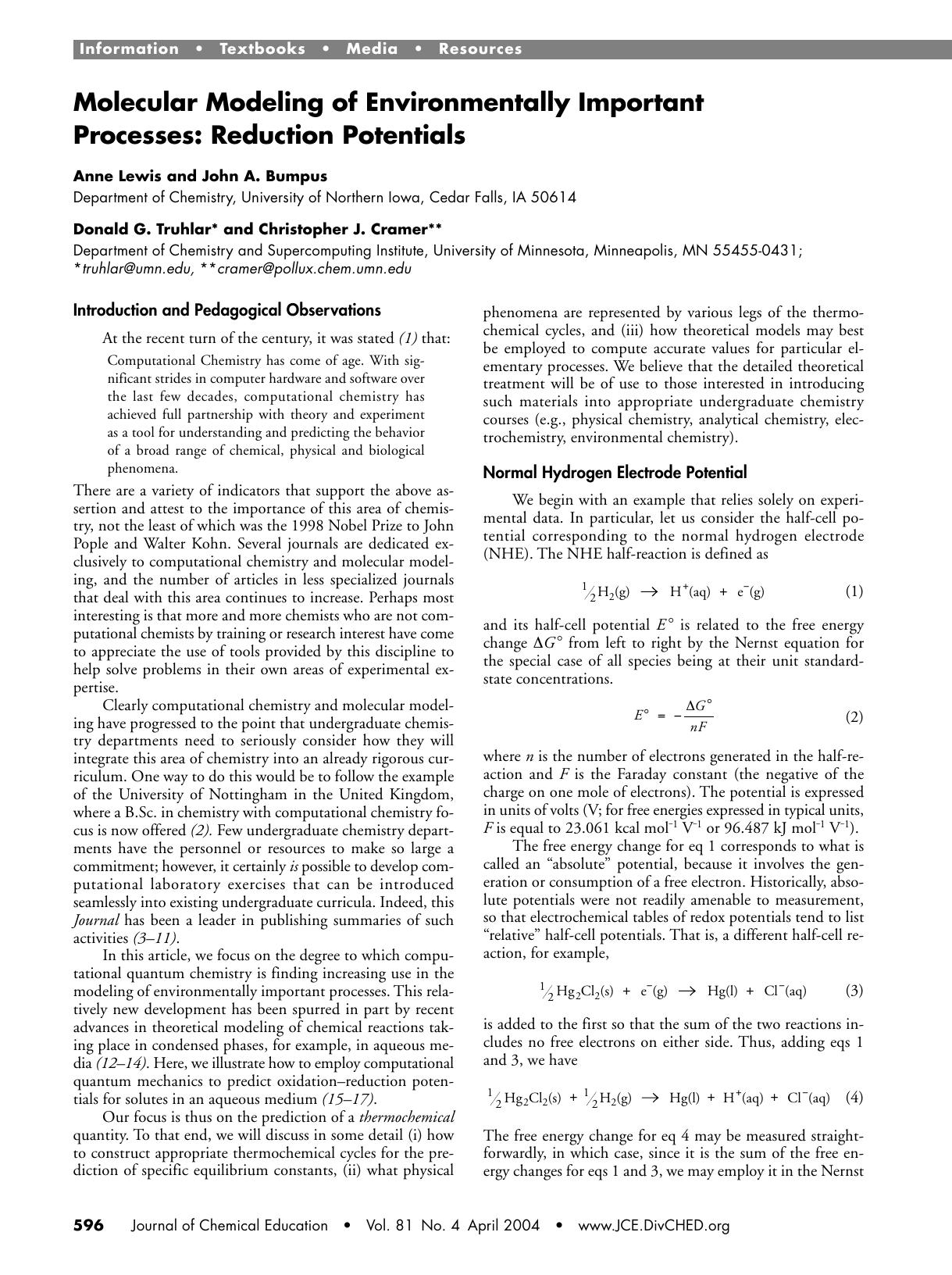 Molecular Modeling of Environmentally Important Processes: Reduction Potentials by Anne Lewis John A. Bumpus Donald G. Truhlar and Christopher J. Cramer