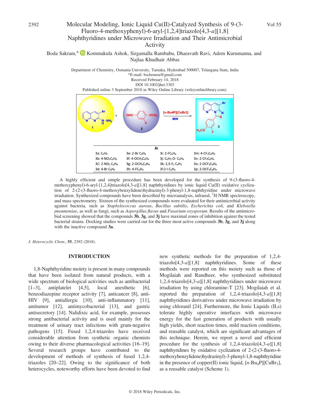 Molecular Modeling, Ionic Liquid Cu(II)-Catalyzed Synthesis of 9-(3-Fluoro-4-methoxyphenyl)-6-aryl-[1,2,4]triazolo[4,3-a][1,8] Naphthyridines under Microwave Irradiation and Their by unknow