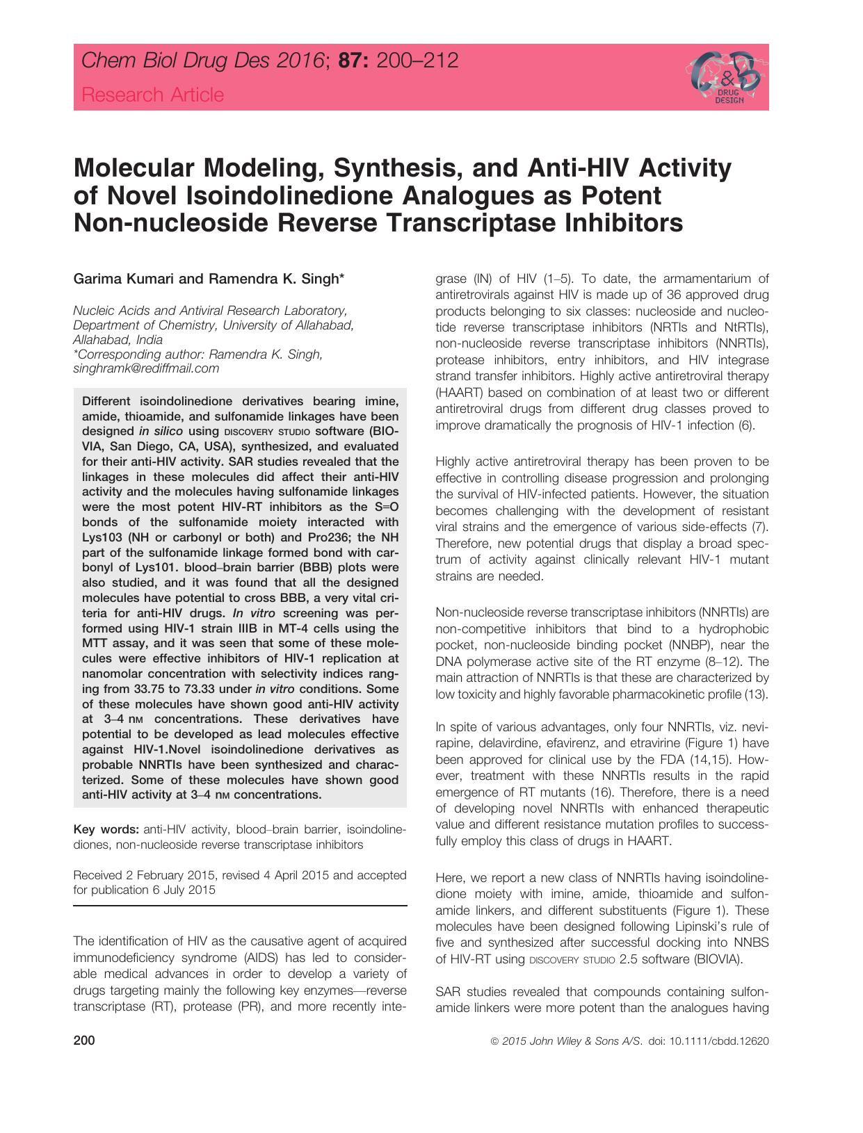 Molecular Modeling, Synthesis, and Anti‐HIV Activity of Novel Isoindolinedione Analogues as Potent Non‐nucleoside Reverse Transcriptase Inhibitors by unknow