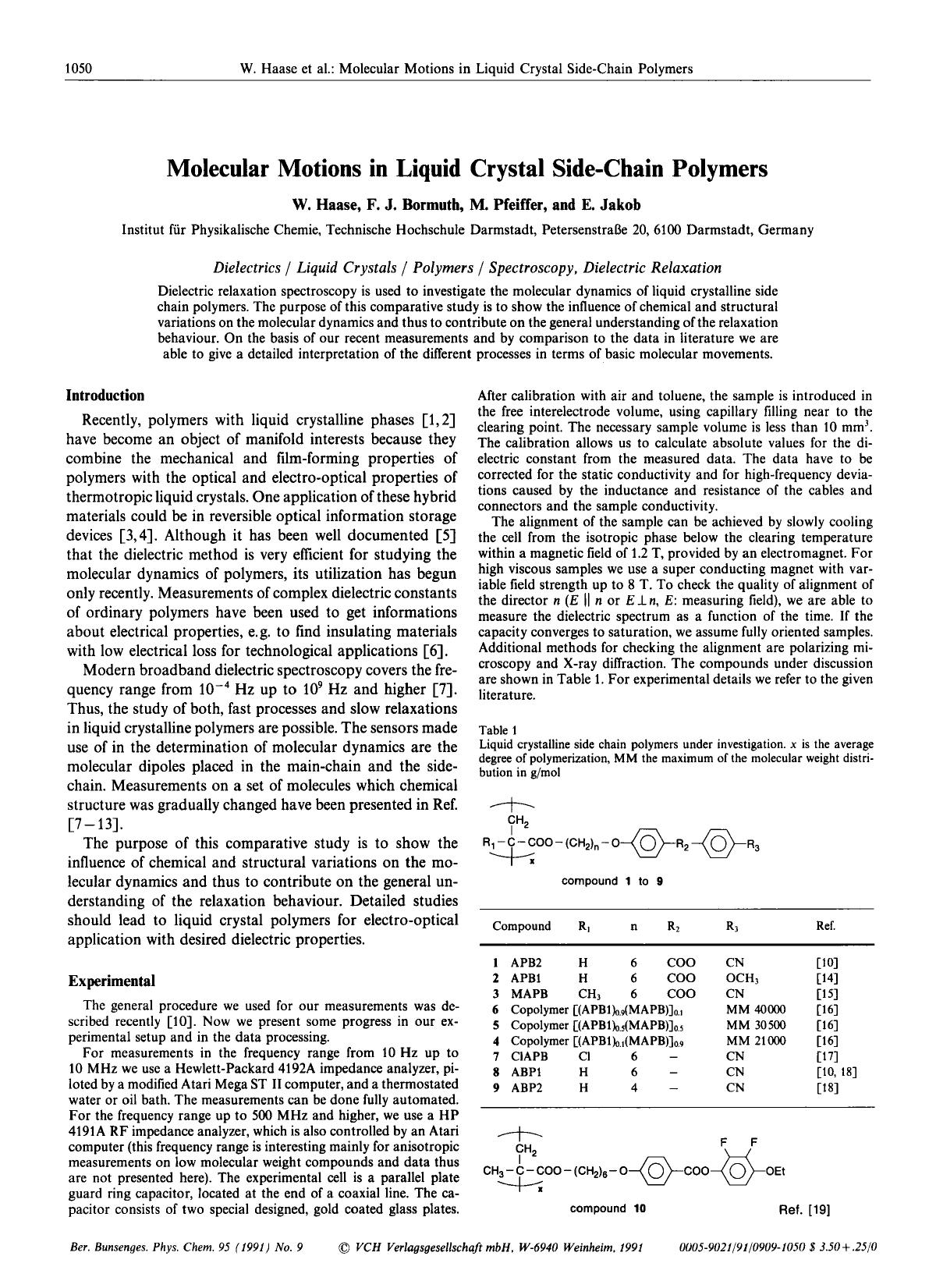 Molecular Motions in Liquid Crystal Side-Chain Polymers by Unknown