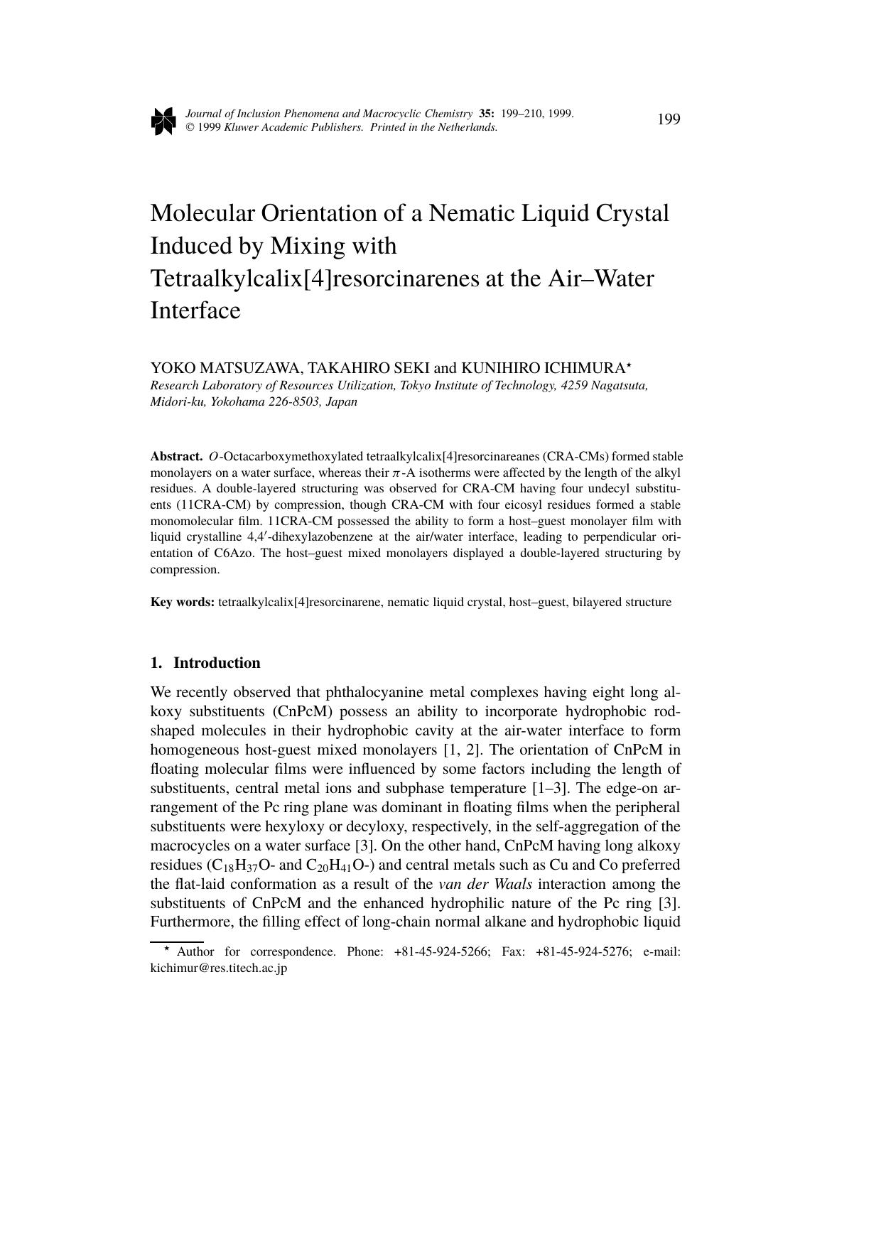 Molecular Orientation of a Nematic Liquid Crystal Induced by Mixing with Tetraalkylcalix[4]resorcinarenes at the Air–Water Interface by Unknown