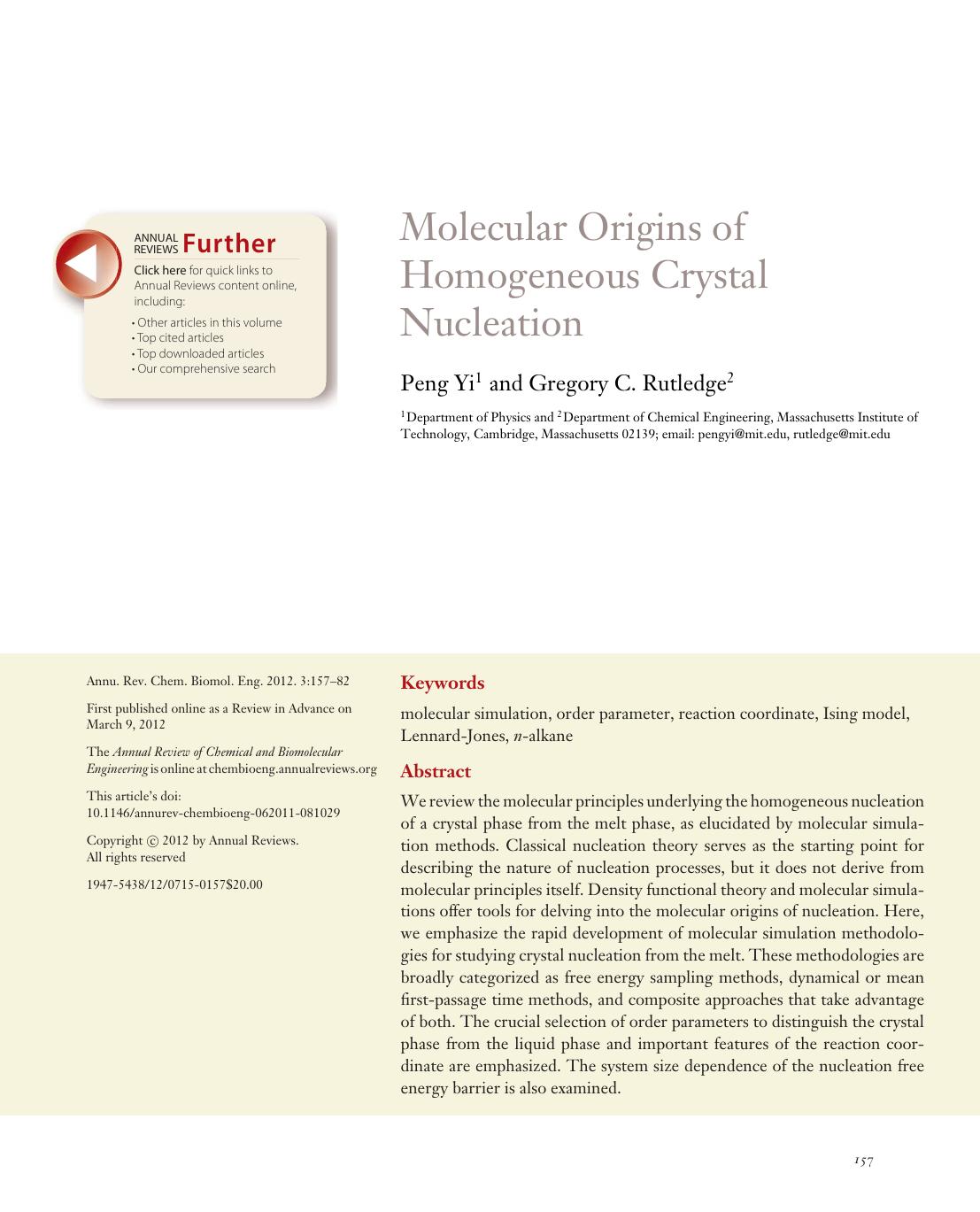Molecular Origins of Homogeneous Crystal Nucleation by Peng Yi and Gregory C. Rutledge