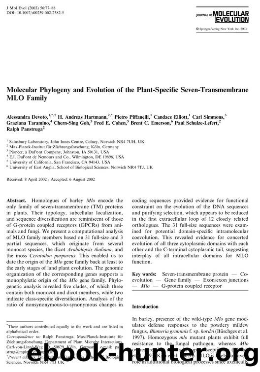 Molecular Phylogeny and Evolution of the Plant-Specific Seven-Transmembrane MLO Family by Devoto A. et al