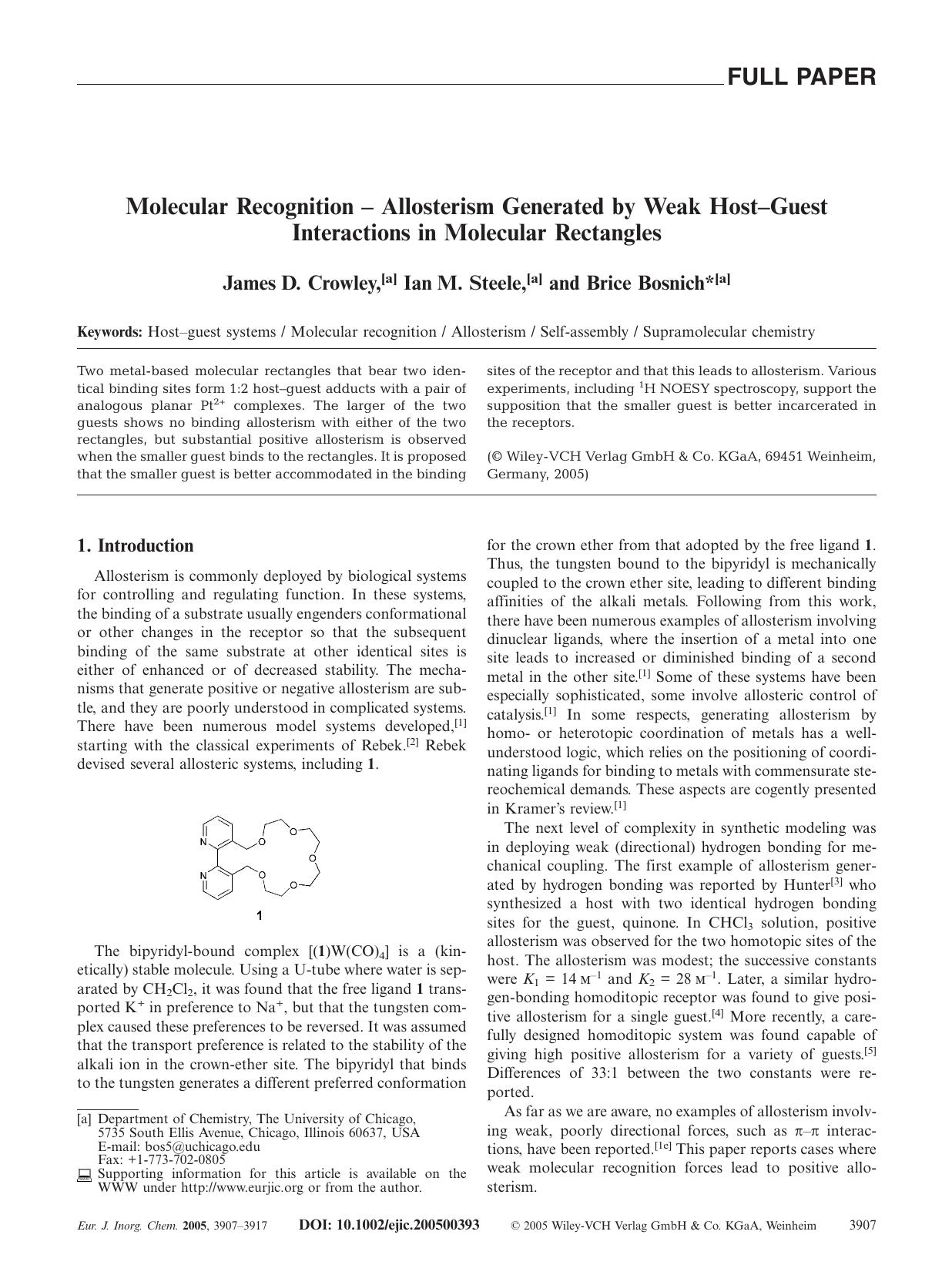Molecular Recognition - Allosterism Generated by Weak Host-Guest Interactions in Molecular Rectangles by Unknown