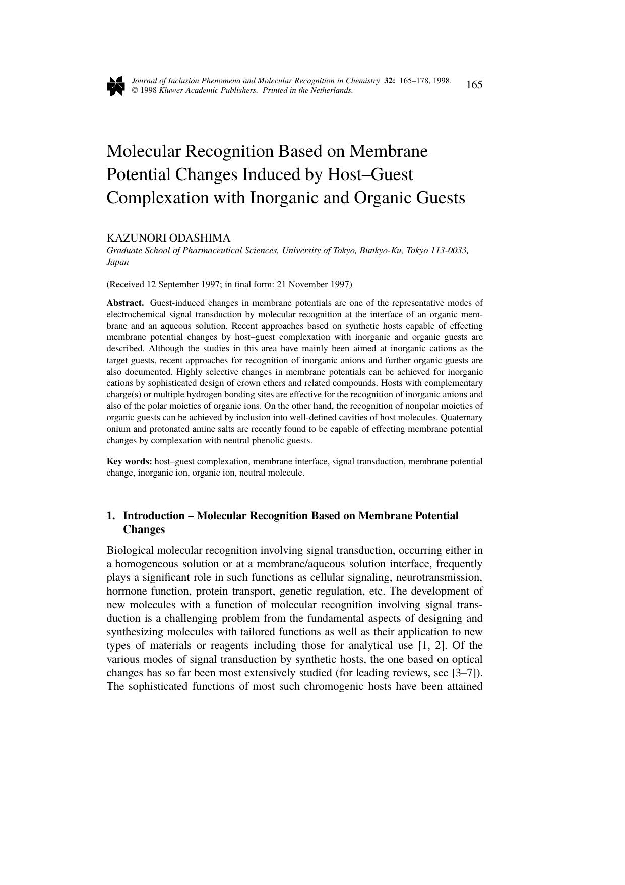 Molecular Recognition Based on Membrane Potential Changes Induced by Host&#x2013;Guest Complexation with Inorganic and Organic Guests by Unknown