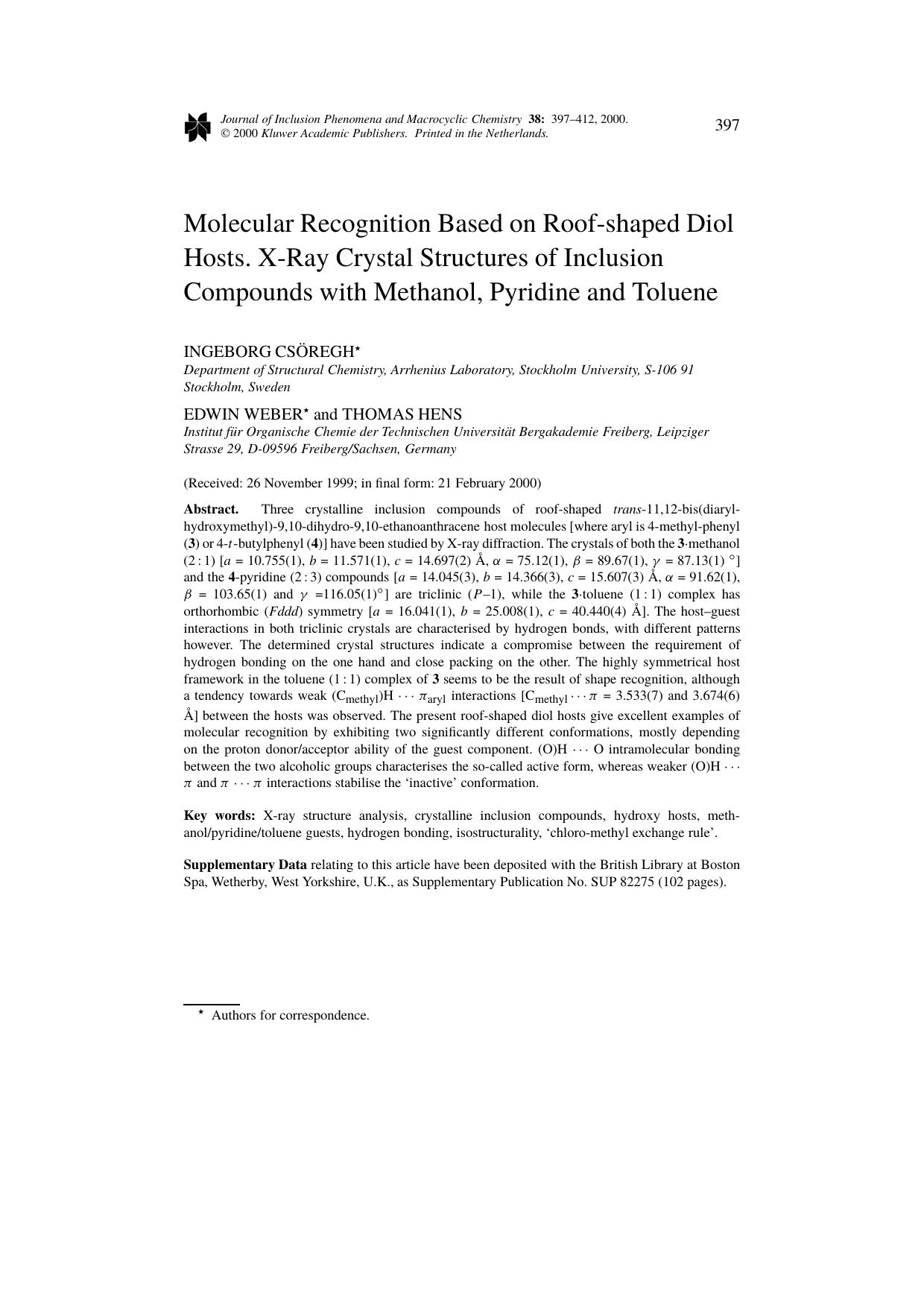 Molecular Recognition Based on Roof-shaped Diol Hosts. X-Ray Crystal Structures of Inclusion Compounds with Methanol, Pyridine and Toluene by Unknown