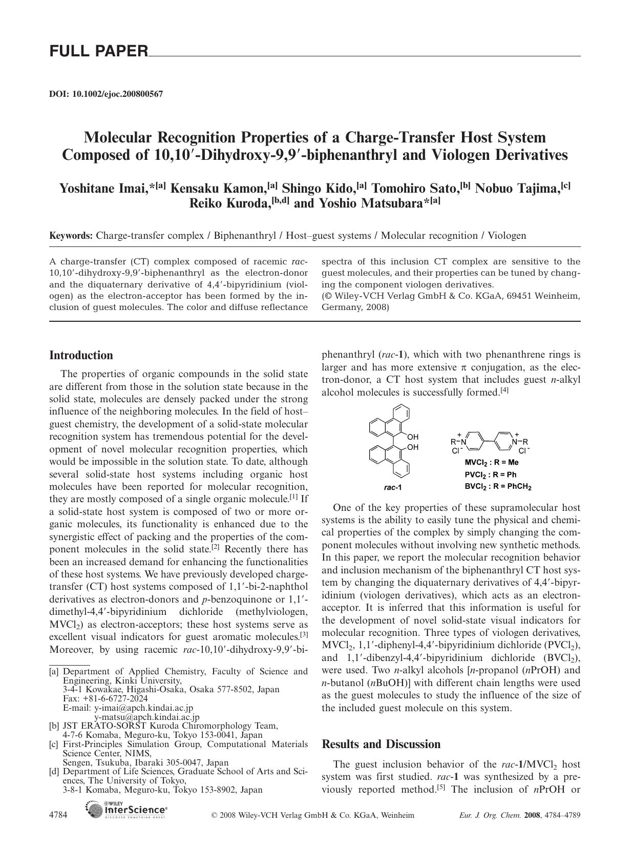 Molecular Recognition Properties of a Charge-Transfer Host System Composed of 10,10[prime]-Dihydroxy-9,9[prime]-biphenanthryl and Viologen Derivatives by Unknown