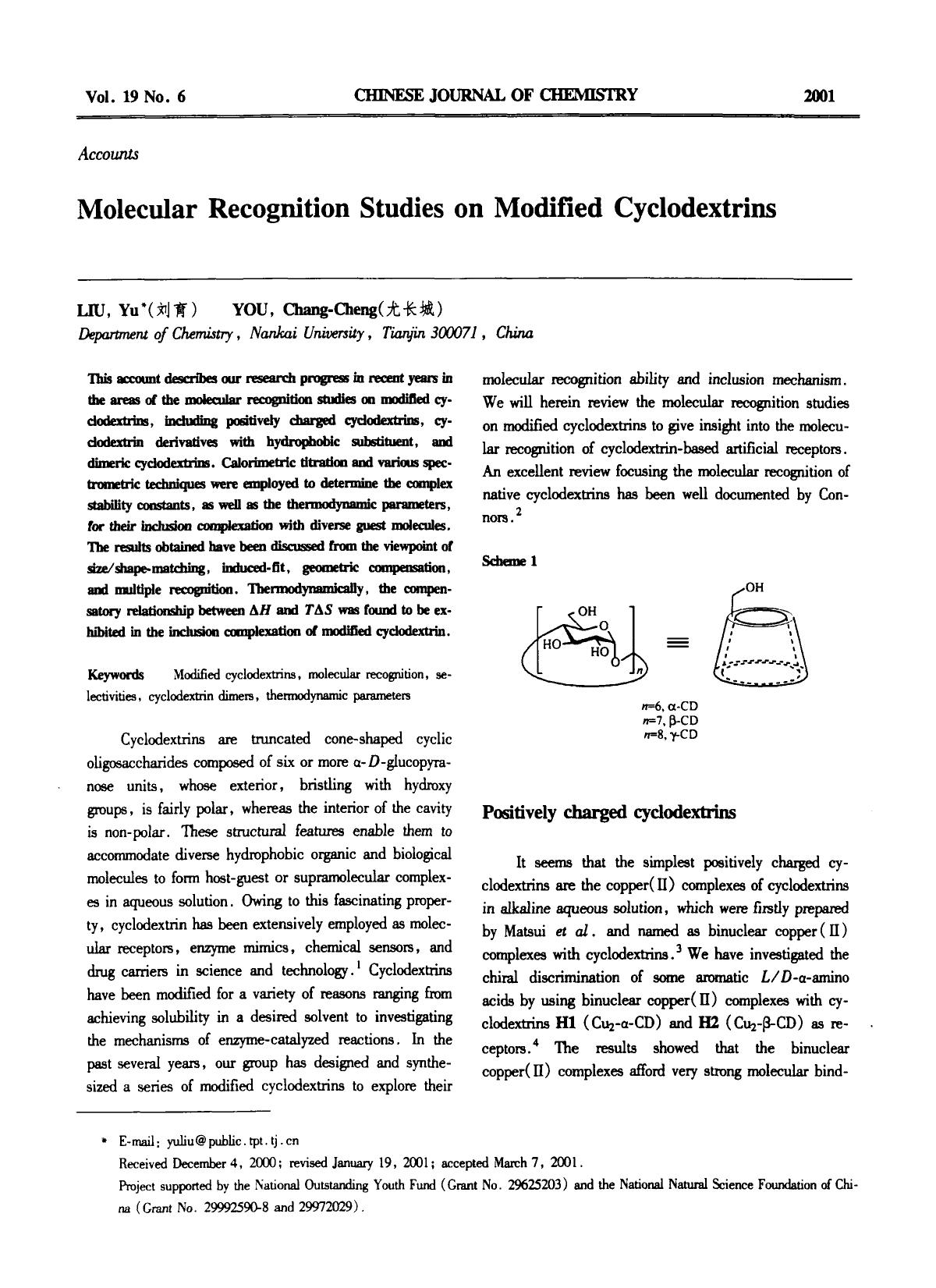 Molecular Recognition Studies on Modified Cyclodextrins by Unknown
