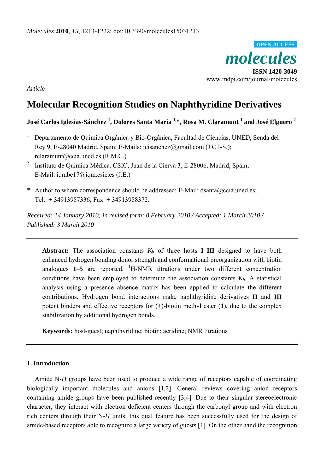 Molecular Recognition Studies on Naphthyridine Derivatives by José Carlos Iglesias-Sánchez & Dolores Santa María & Rosa M. Claramunt & José Elguero