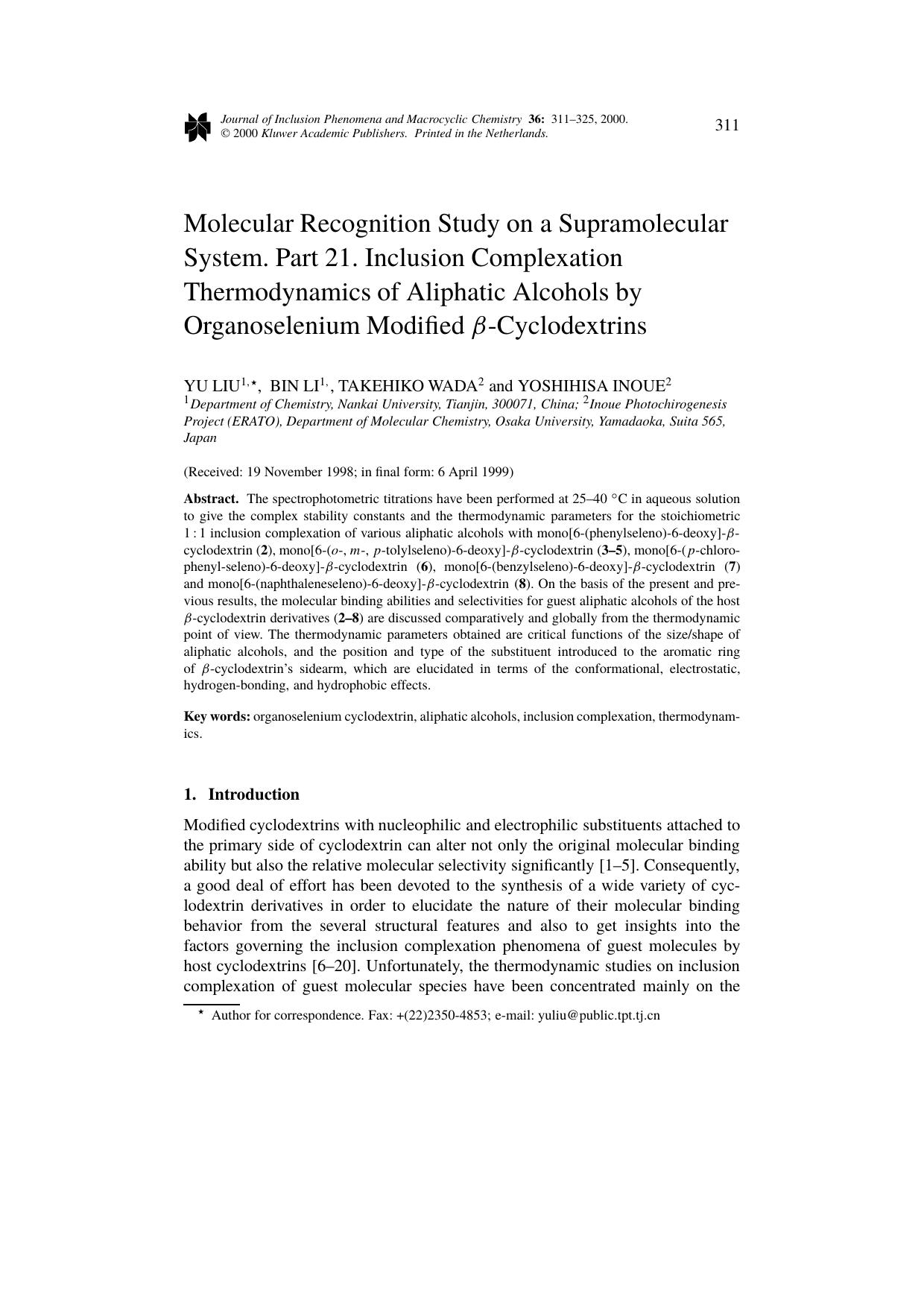 Molecular Recognition Study on a Supramolecular System. Part 21. Inclusion Complexation Thermodynamics of Aliphatic Alcohols by Organoselenium Modified &#x03B2;-Cyclodextrins by Unknown