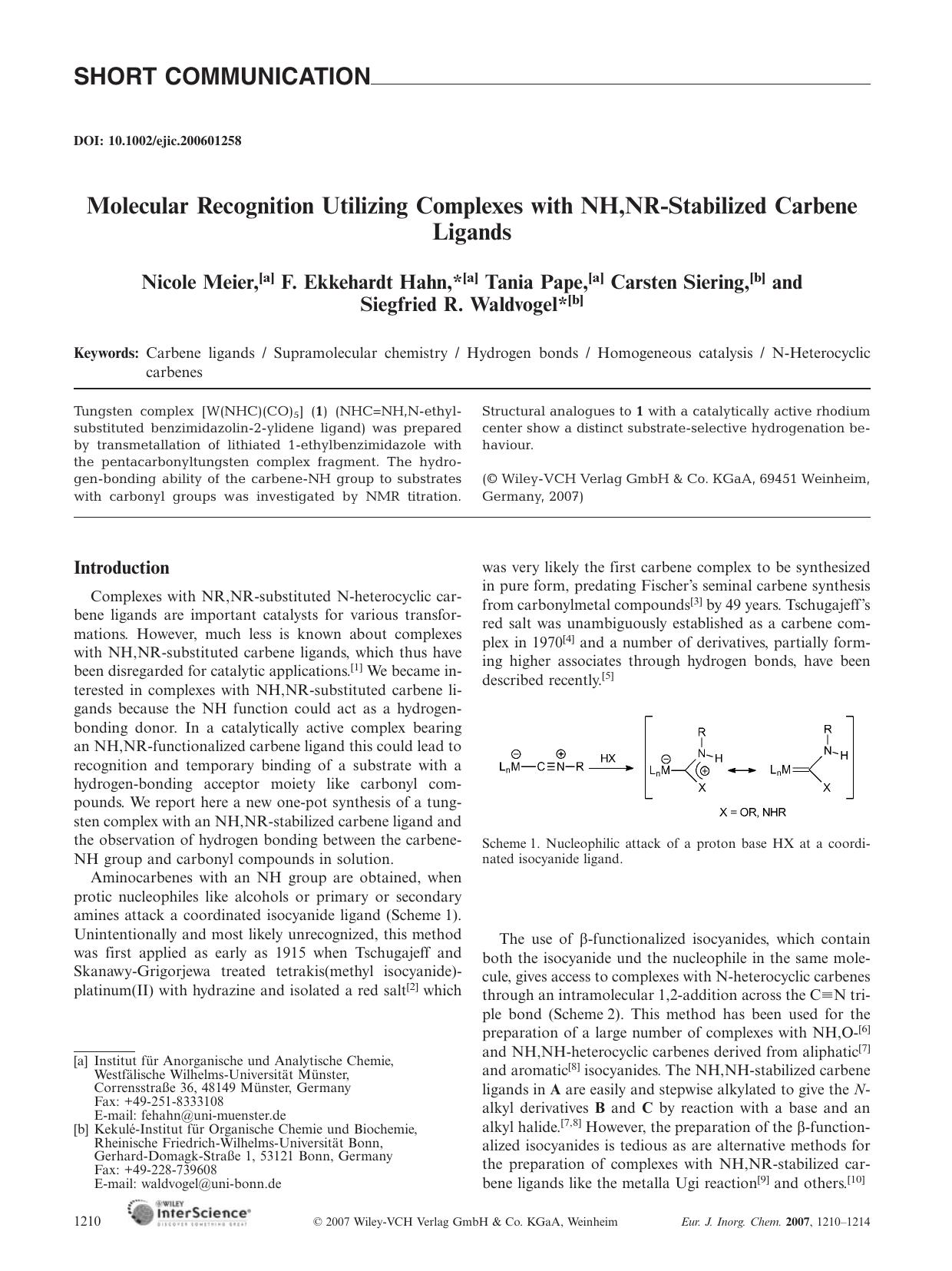 Molecular Recognition Utilizing Complexes with NH,NR-Stabilized Carbene Ligands by Unknown