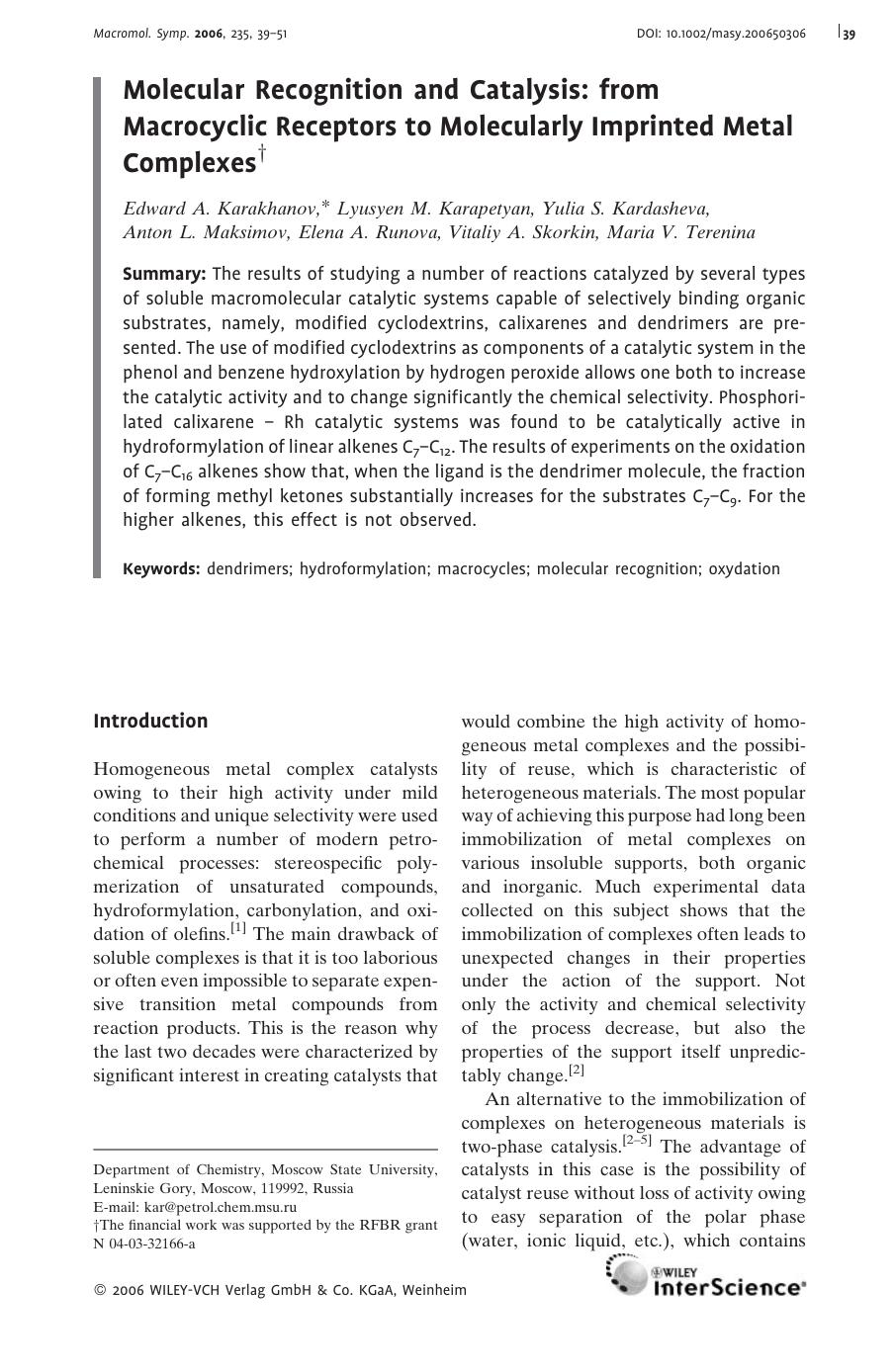 Molecular Recognition and Catalysis: from Macrocyclic Receptors to Molecularly Imprinted Metal Complexes by Unknown