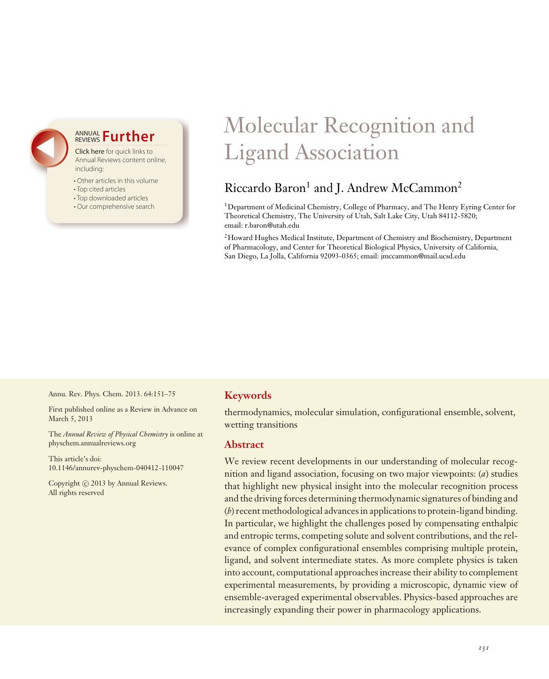 Molecular Recognition and Ligand Association by Riccardo Baron and J. Andrew McCammon