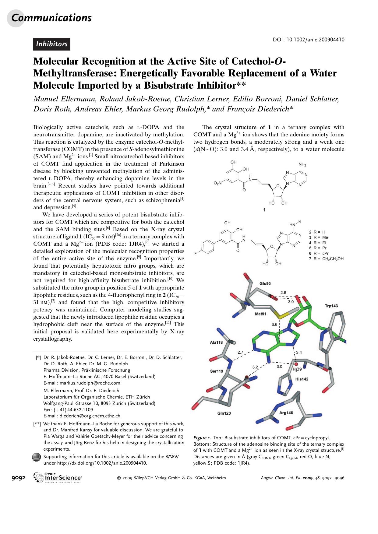 Molecular Recognition at the Active Site of Catechol-O-Methyltransferase: Energetically Favorable Replacement of a Water Molecule Imported by a Bisubstrate Inhibitor by Unknown