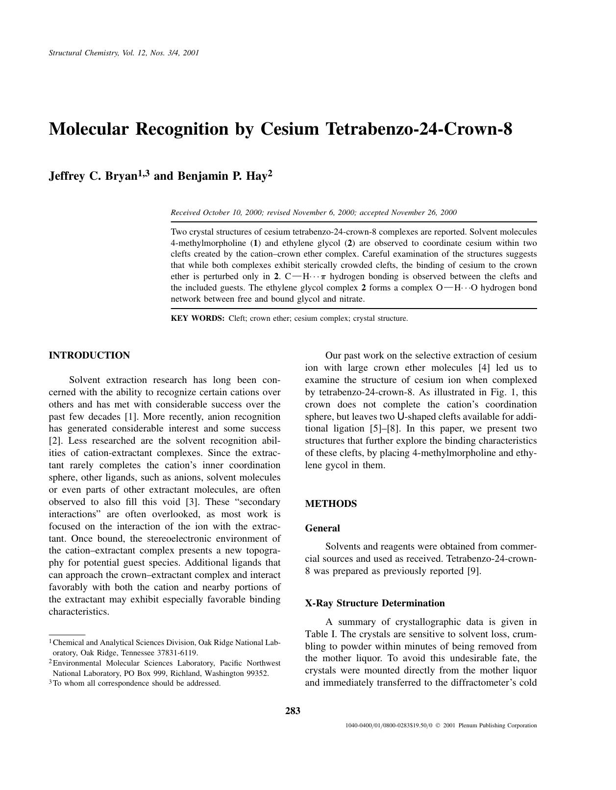 Molecular Recognition by Cesium Tetrabenzo-24-Crown-8 by Unknown