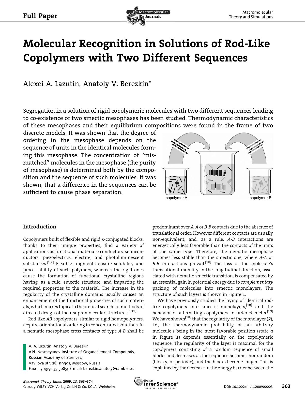 Molecular Recognition in Solutions of Rod-Like Copolymers with Two Different Sequences by Unknown