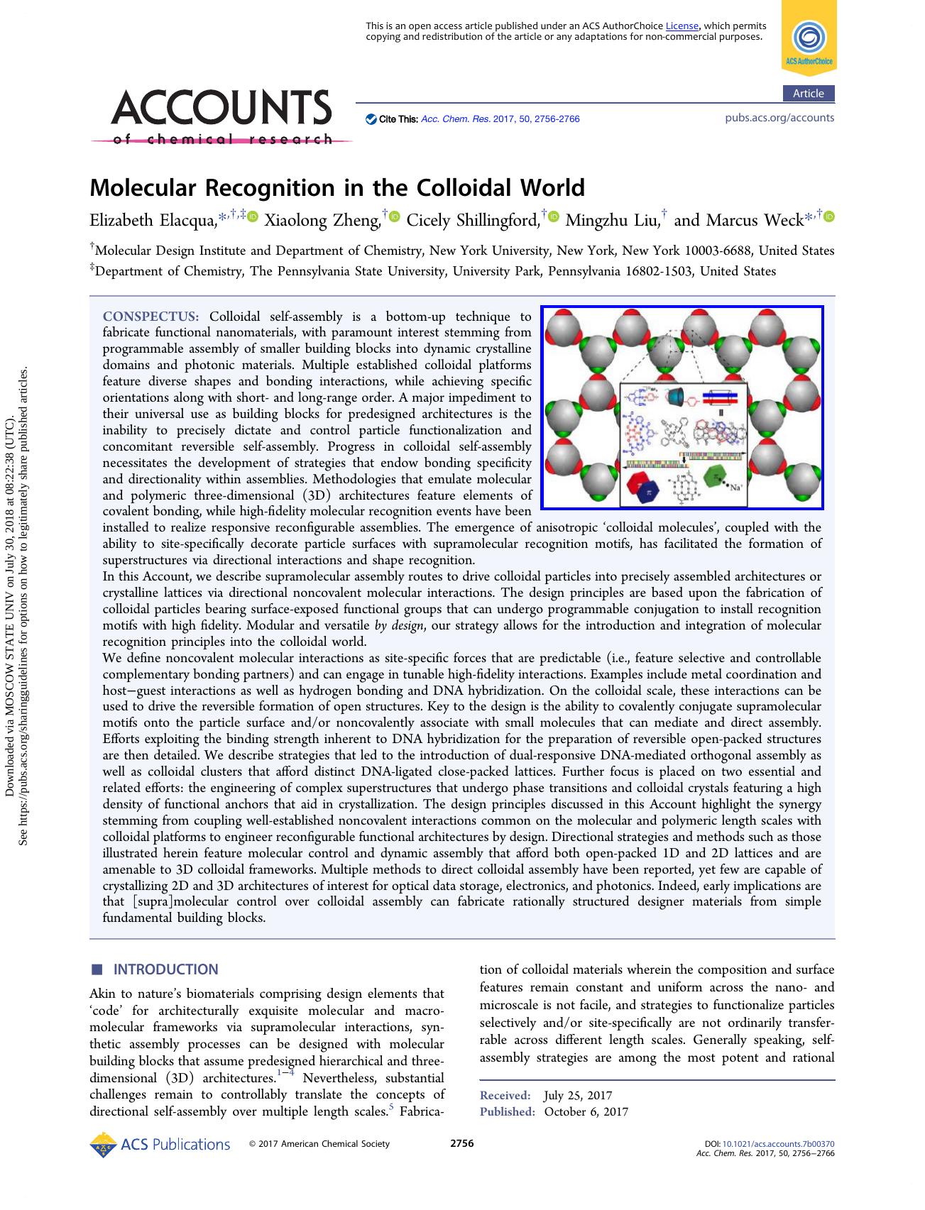 Molecular Recognition in the Colloidal World by Elizabeth Elacqua Xiaolong Zheng Cicely Shillingford Mingzhu Liu & Marcus Weck