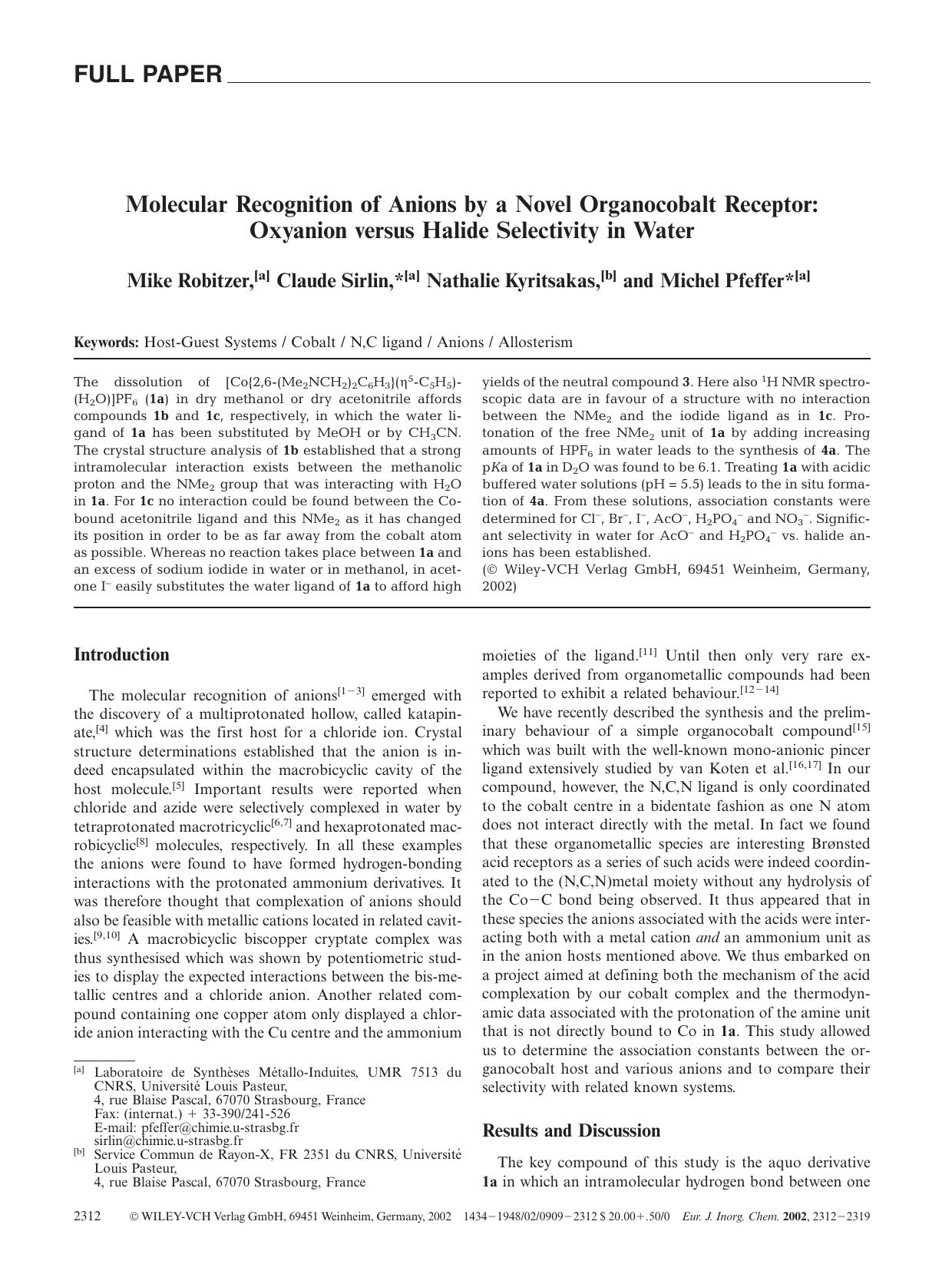 Molecular Recognition of Anions by a Novel Organocobalt Receptor: Oxyanion versus Halide Selectivity in Water by Unknown