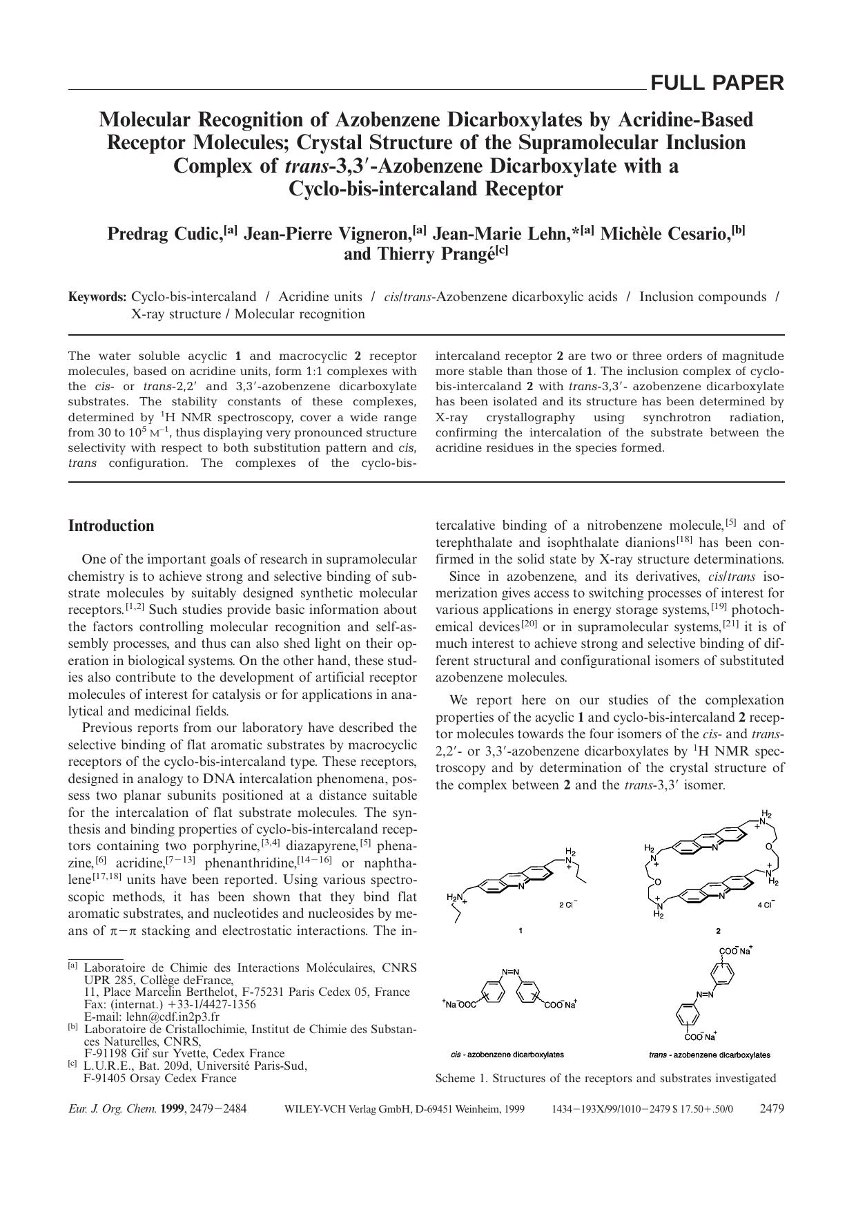 Molecular Recognition of Azobenzene Dicarboxylates by Acridine-Based Receptor Molecules; Crystal Structure of the Supramolecular Inclusion Complex of trans-3,3[prime]-Azobenzene Di by Unknown