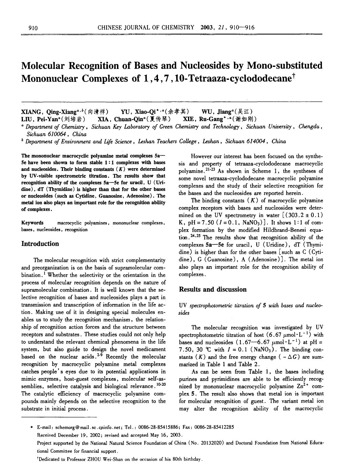 Molecular Recognition of Bases and Nucleosides by Monosubstituted Mononuclear Complexes of 1, 4, 7, 10Tetraazacyclododecane by Unknown