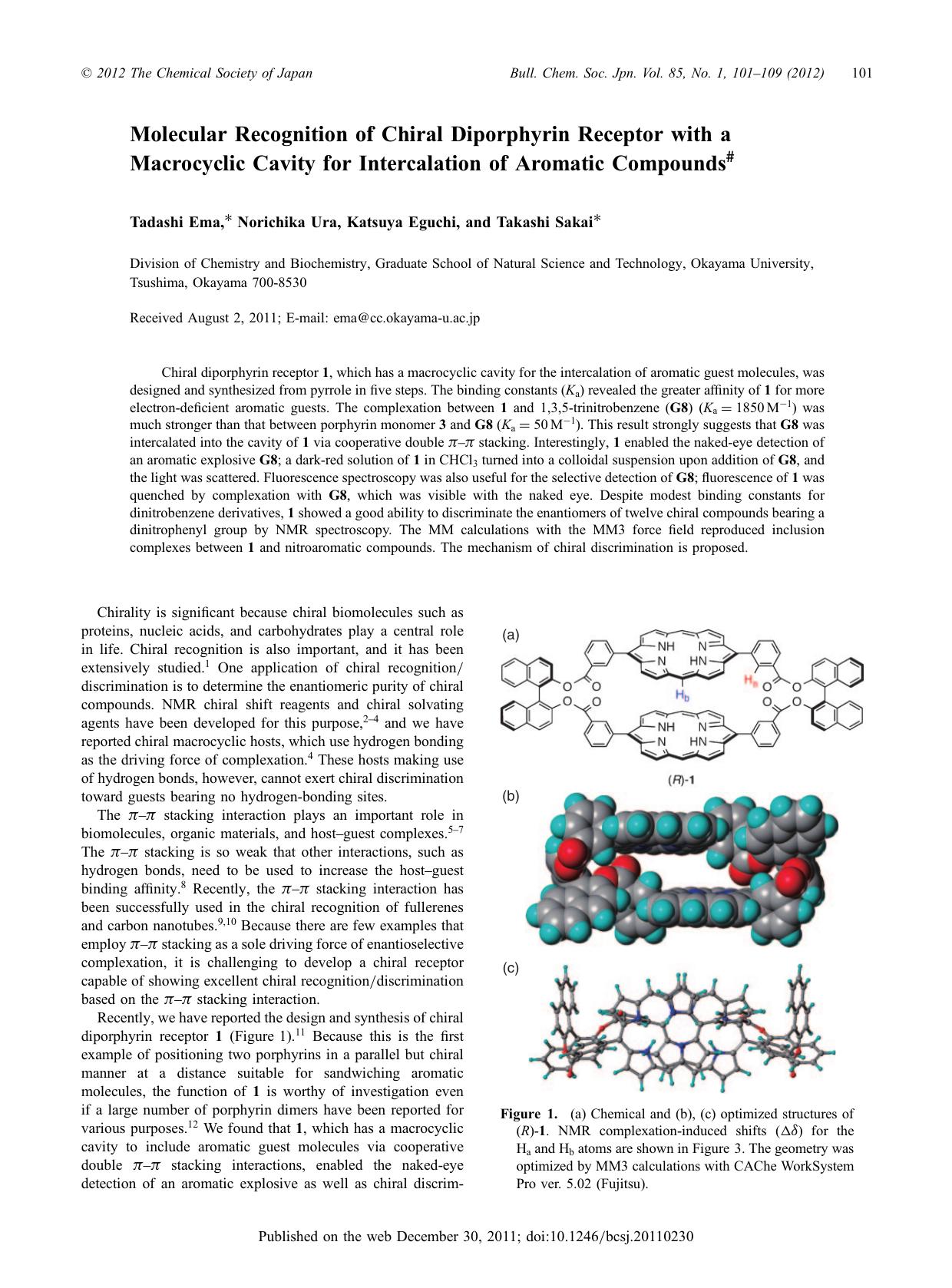 Molecular Recognition of Chiral Diporphyrin Receptor with a Macrocyclic Cavity for Intercalation of Aromatic Compounds# by Tadashi Ema Norichika Ura Katsuya Eguchi Takashi Sakai
