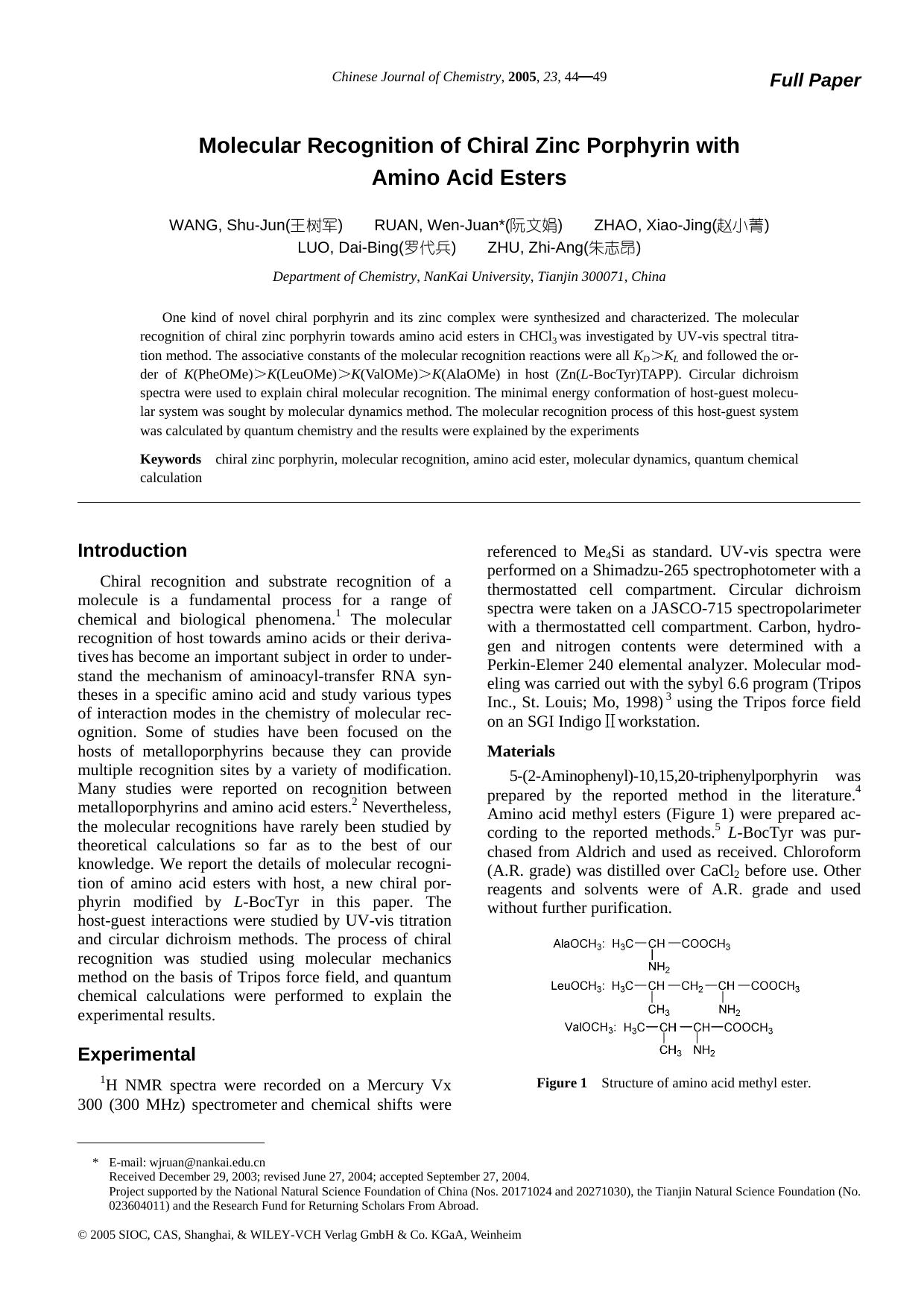 Molecular Recognition of Chiral Zinc Porphyrin with Amino Acid Esters by Unknown