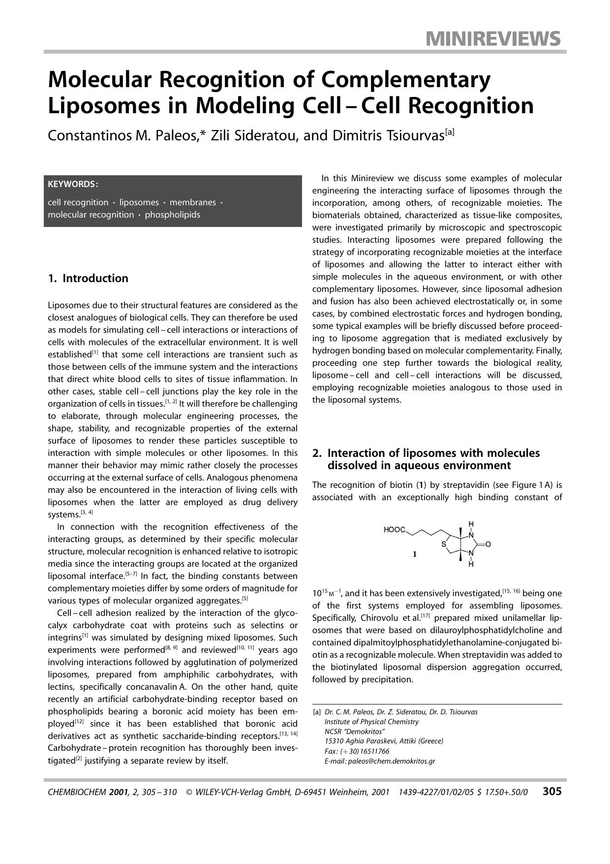 Molecular Recognition of Complementary Liposomes in Modeling Cell-Cell Recognition by Systemverwalter