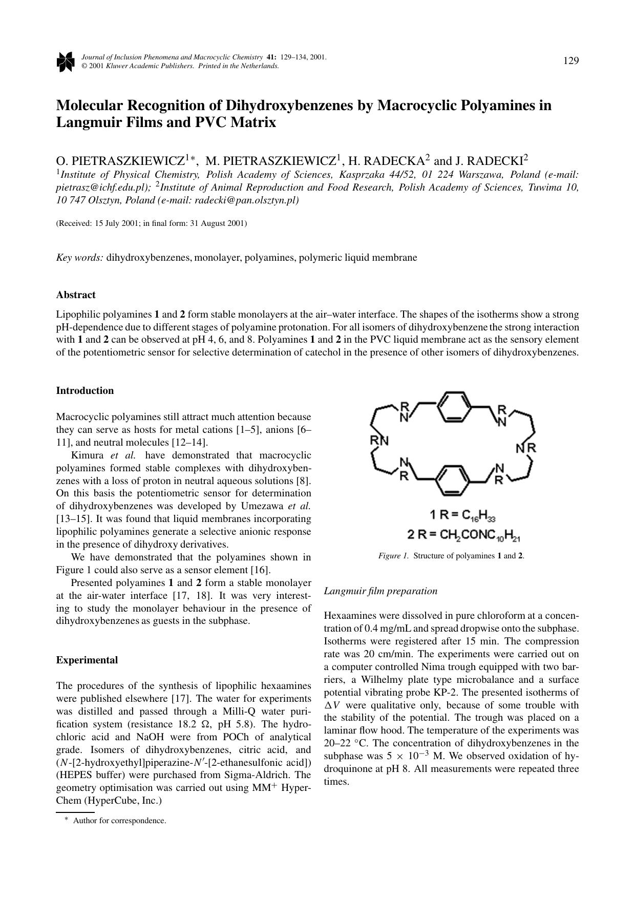 Molecular Recognition of Dihydroxybenzenes by Macrocyclic Polyamines in Langmuir Films and PVC Matrix by Unknown