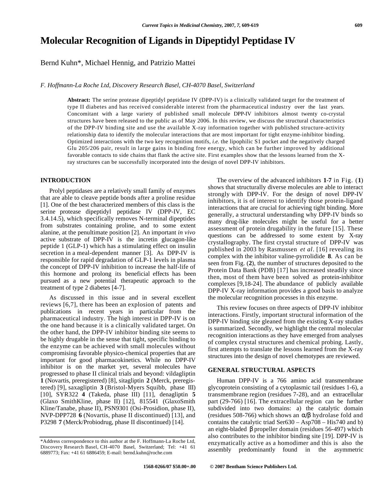 Molecular Recognition of Ligands in Dipeptidyl Peptidase IV by Bernd Kuhn ; Michael Hennig ; Patrizio Mattei