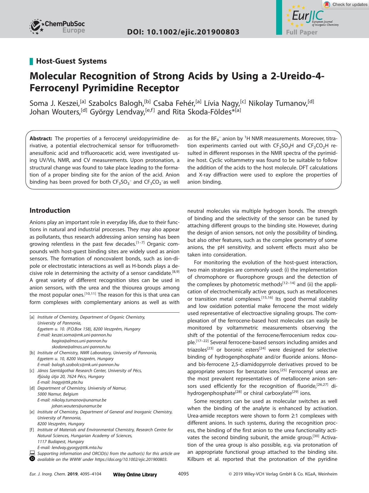 Molecular Recognition of Strong Acids by Using a 2âUreidoâ4âFerrocenyl Pyrimidine Receptor by Unknown