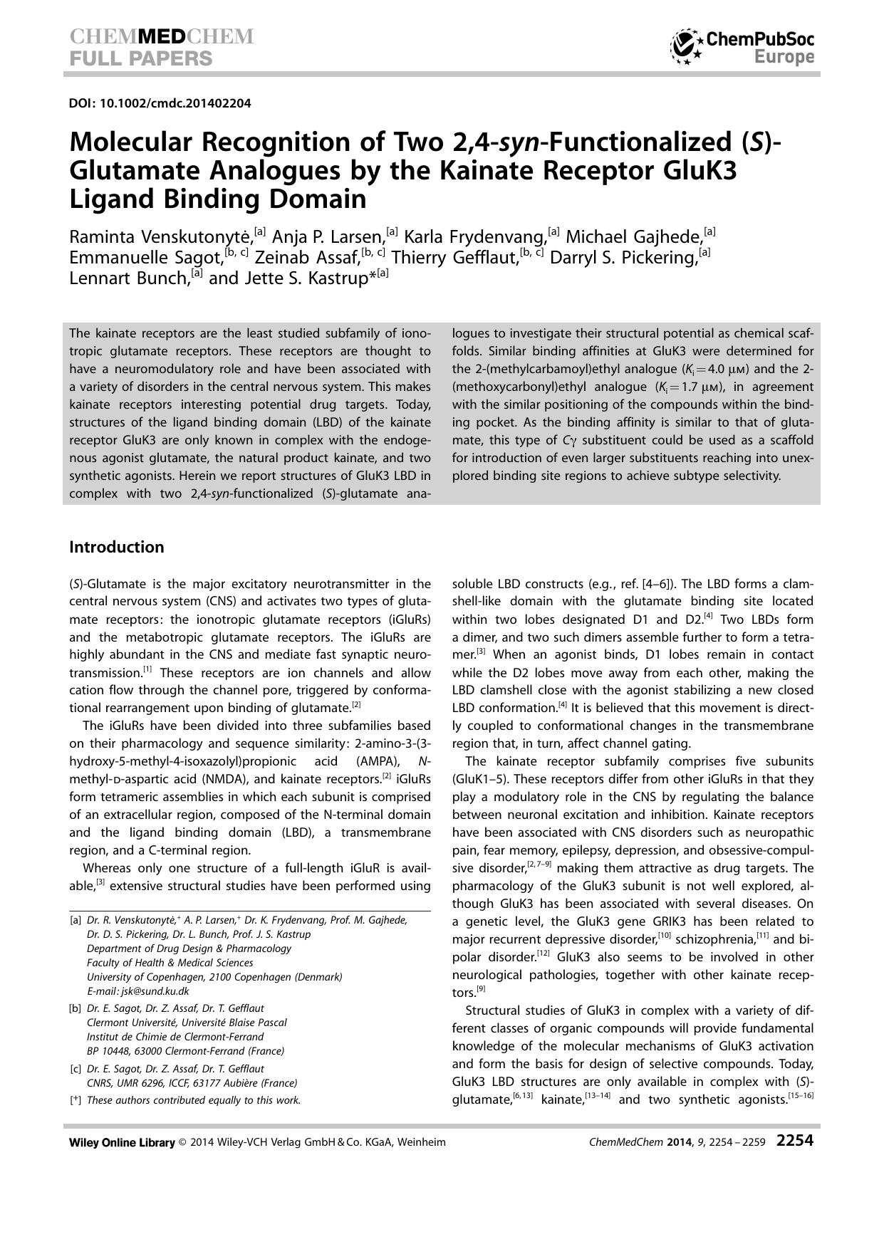 Molecular Recognition of Two 2,4synFunctionalized (S)Glutamate Analogues by the Kainate Receptor GluK3 Ligand Binding Domain by Unknown